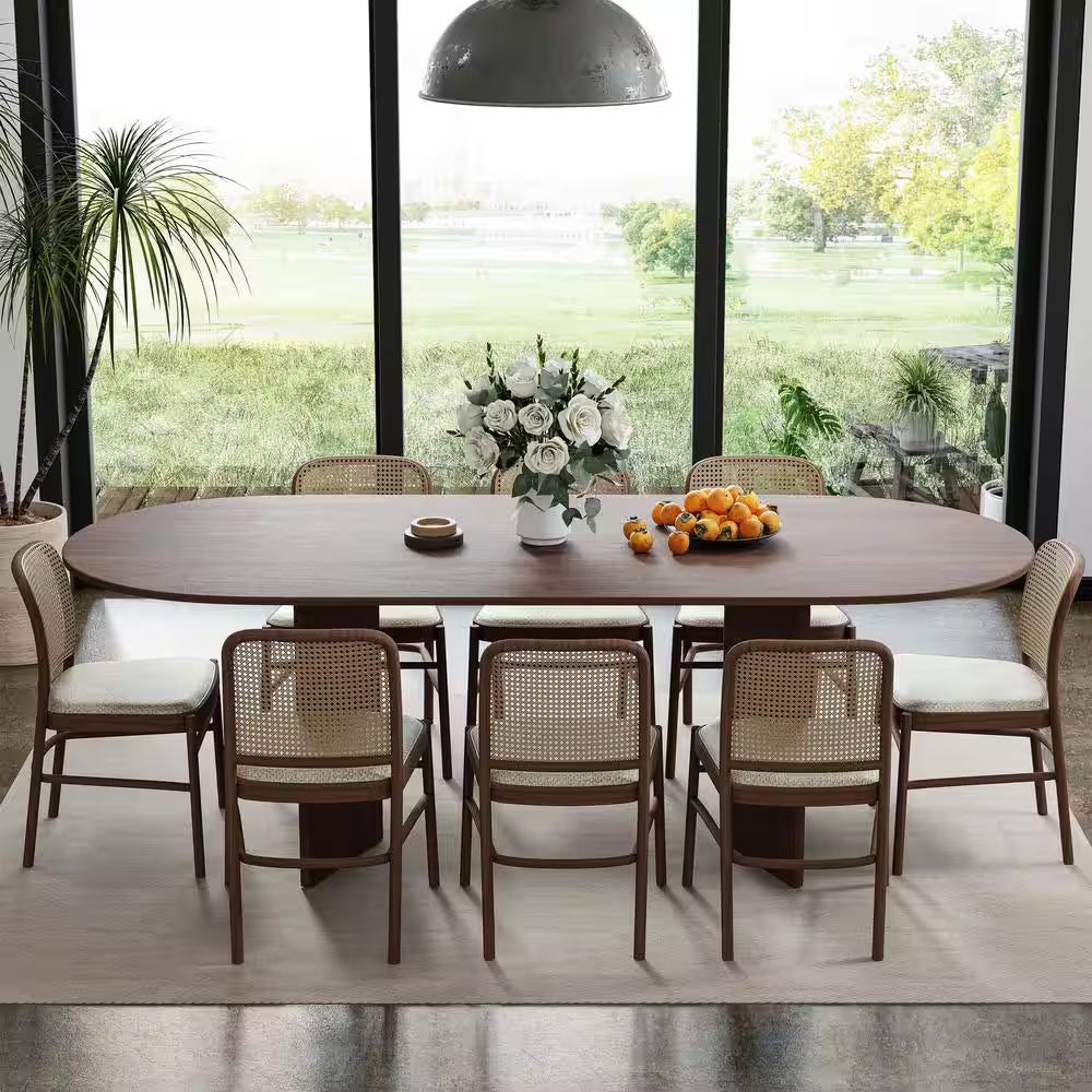 Brix Modern Oval Walnut Wood Top 79 In. Double Pedestal Base Dining Table Seats 8