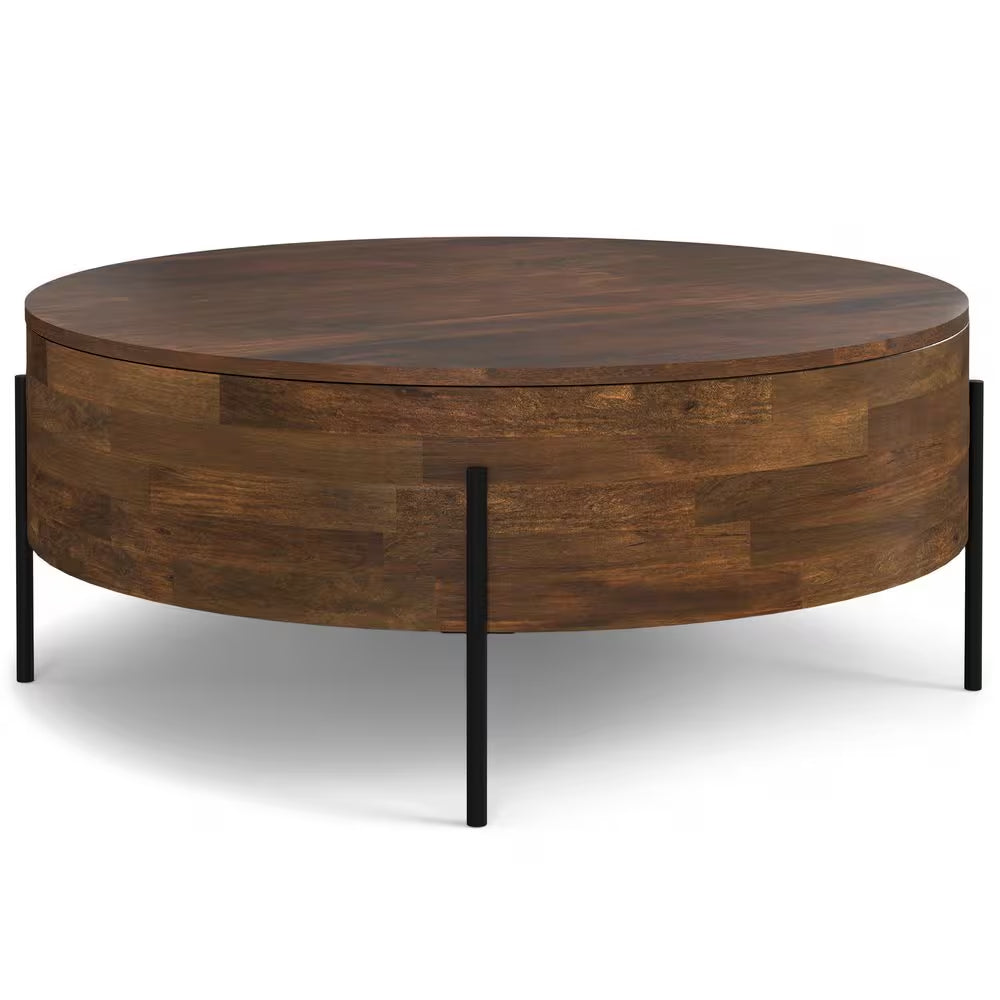 Walnut Brown Wide round Modern Urban Drum Solid Mango Wood Coffee Table