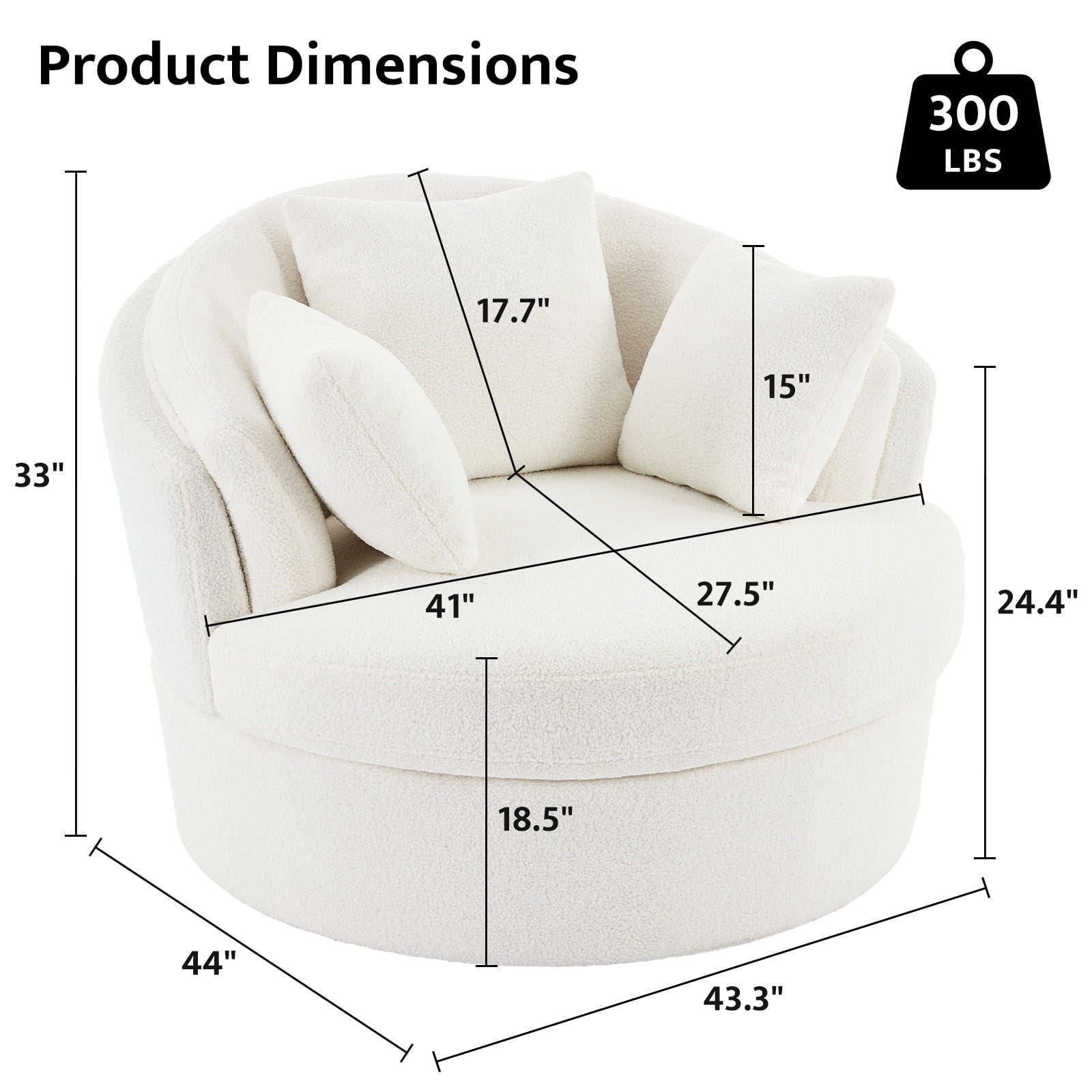 Oversized White Swivel Accent Chair - Modern Lambswool Barrel Chair for Bedroom & Living Room