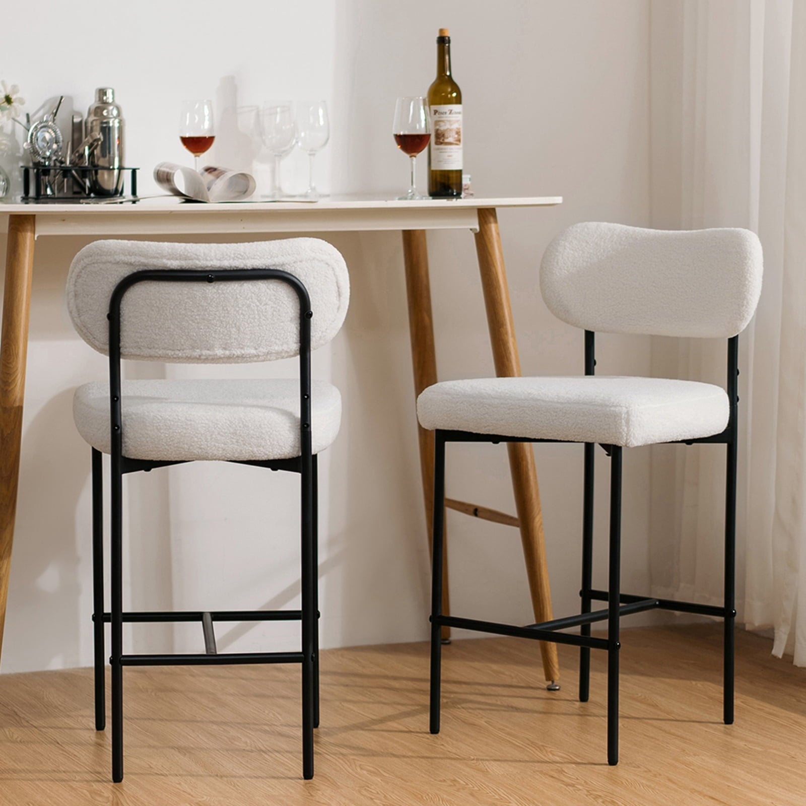 Set of 2 White Bouclé Bar Stools – 26" Counter Height with Backrest