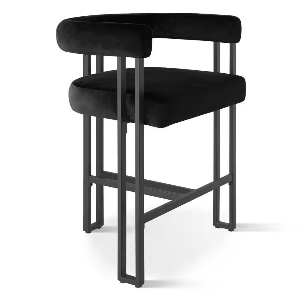 Black Metal Frame Counter Height Velvet Bar Stool Single