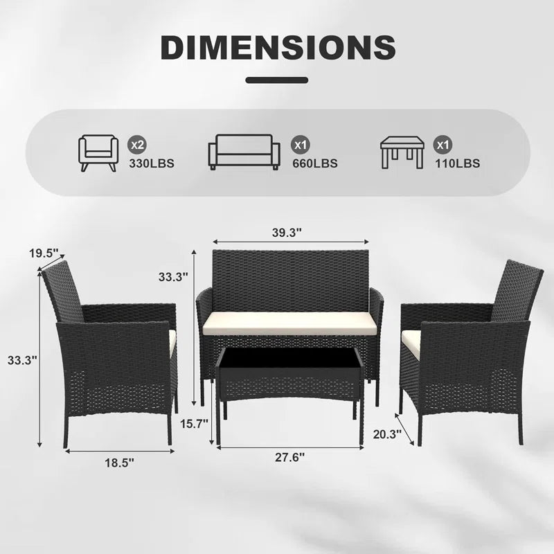 4 Pieces Patio Furniture Set, Rattan Outdoor Furniture with Upholstered Sofa, 2 Chairs and Coffee Table, Conversation Bistro Set for Garden, Backyard, Porch