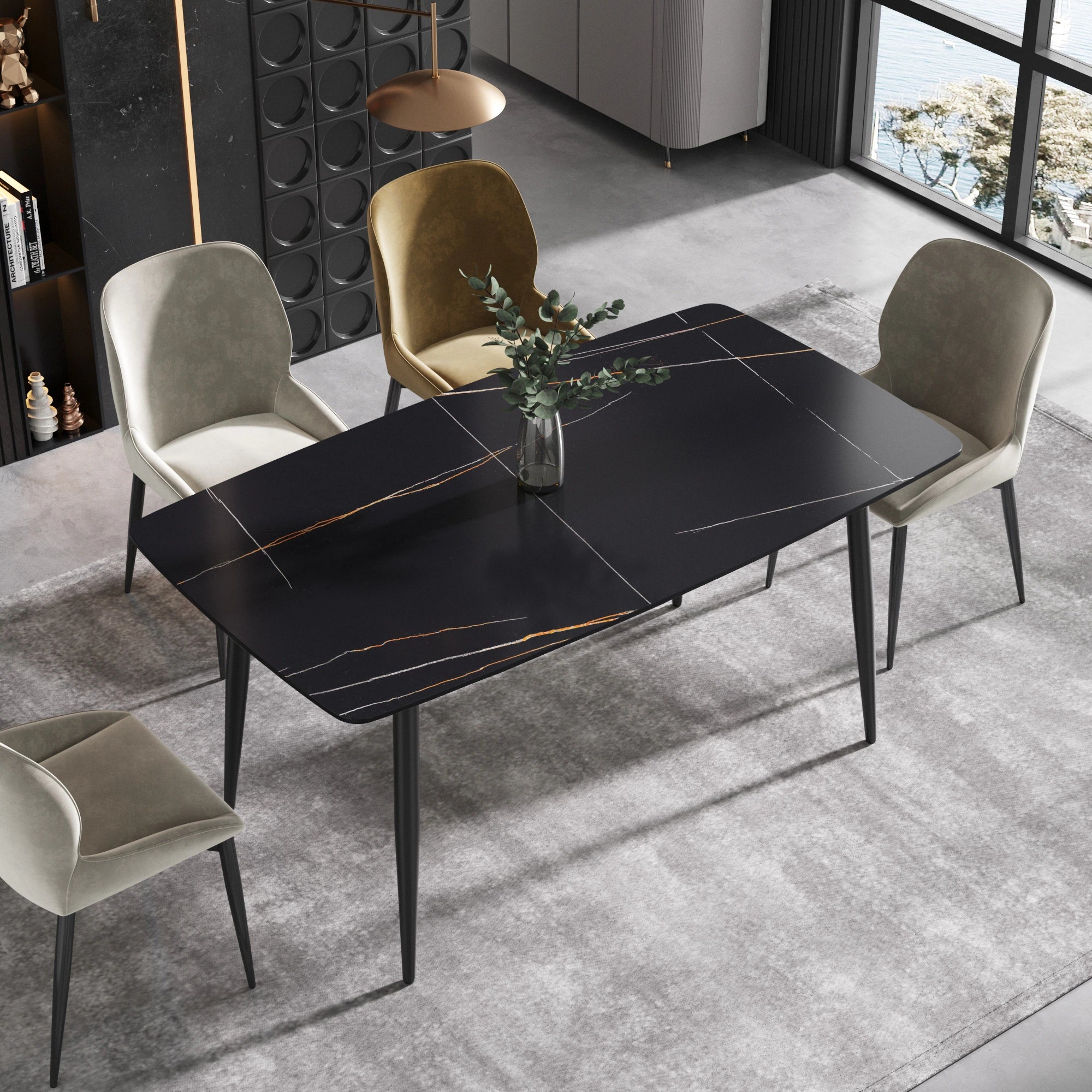 63" Modern Sintered Stone Dining Table,Solid Black Carbon Steel Base