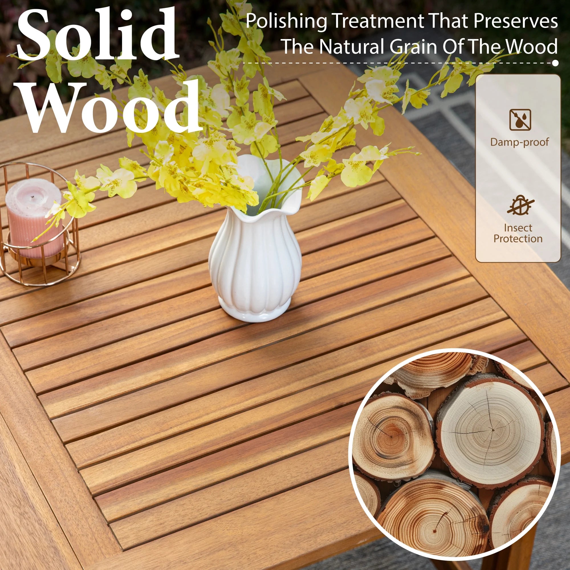 7-Piece Acacia Wood Outdoor Patio Dining Set with 6 Wooden Chairs with Cushions & 1 Expandable Wooden Dining Table for 6-8 Person