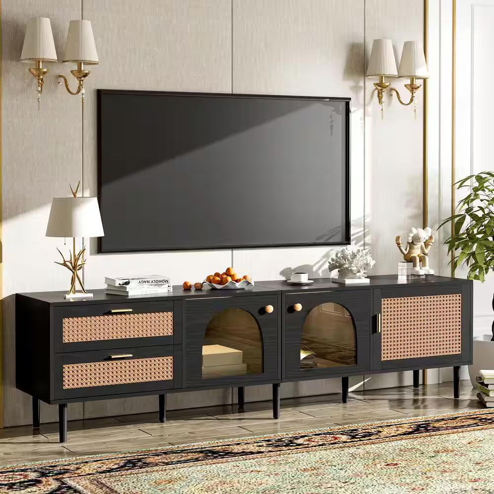 Rattan Black TV Stand Entertainment Center Fits Tv'S up to 80 In. with 2 Drawers, 3 Cabinets and LED Light