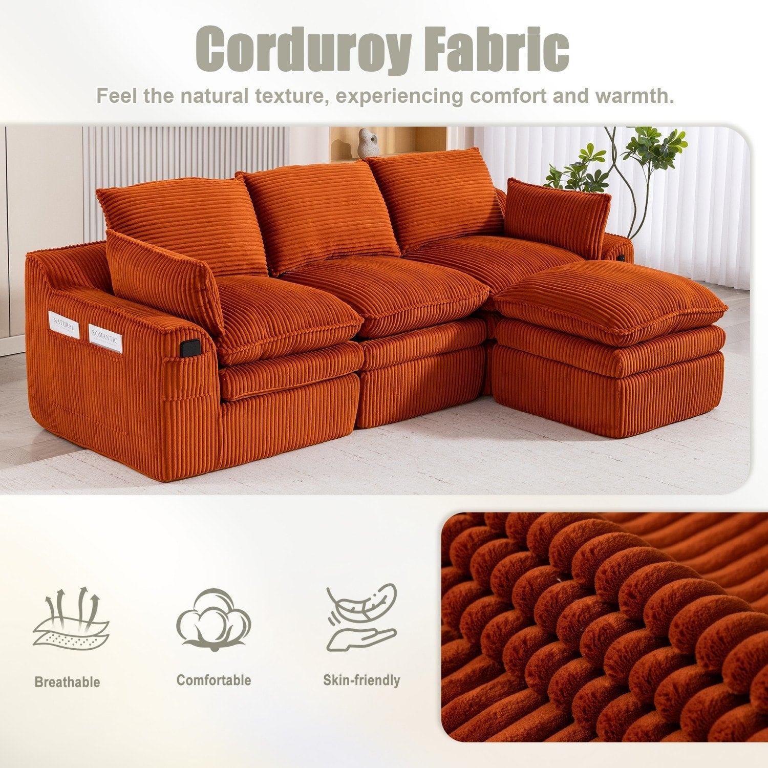 103" L-Shaped Corduroy Boneless Sectional Sofa with Movable Ottoman