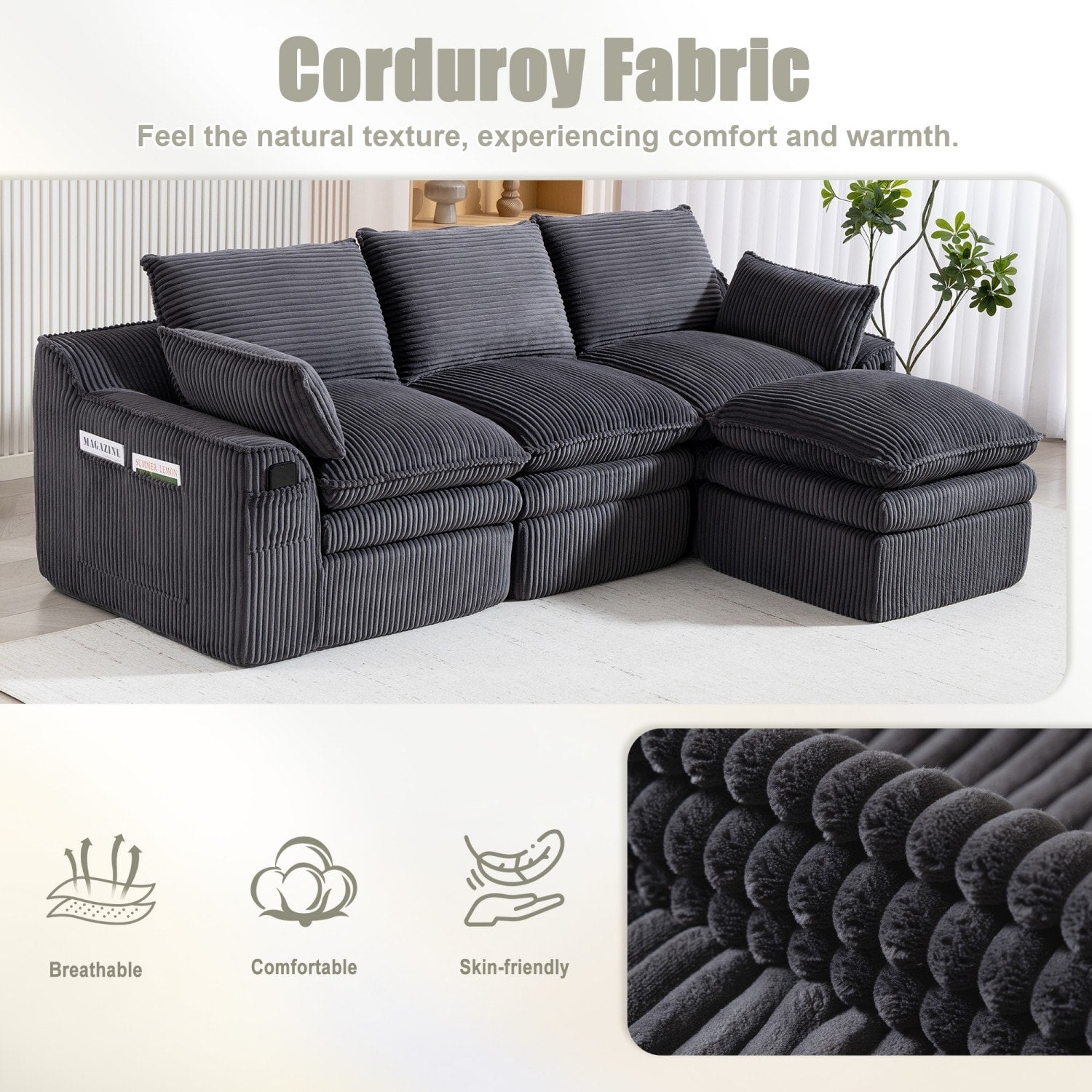 103" L-Shaped Corduroy Boneless Sectional Sofa with Movable Ottoman