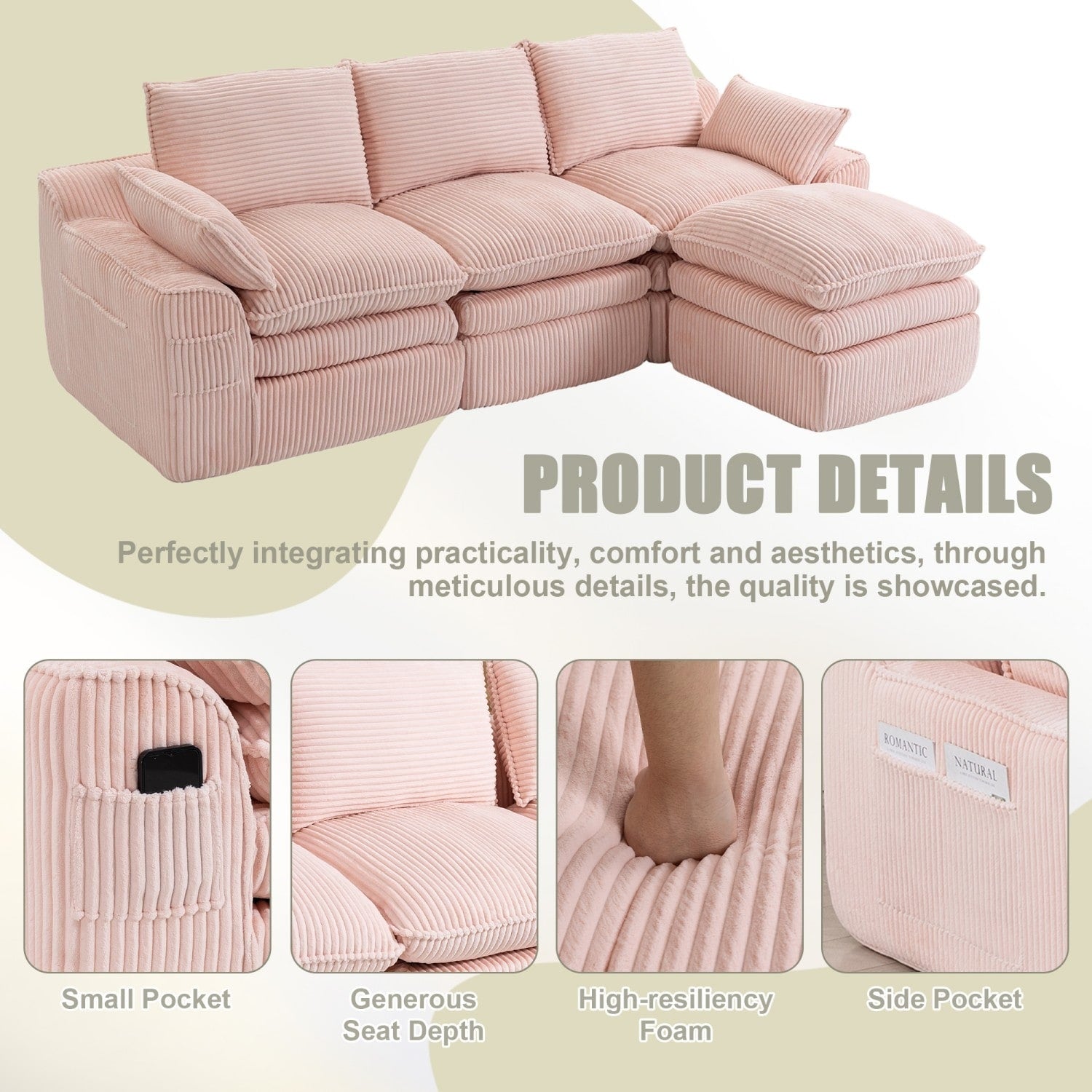 103" L-Shaped Corduroy Boneless Sectional Sofa with Movable Ottoman