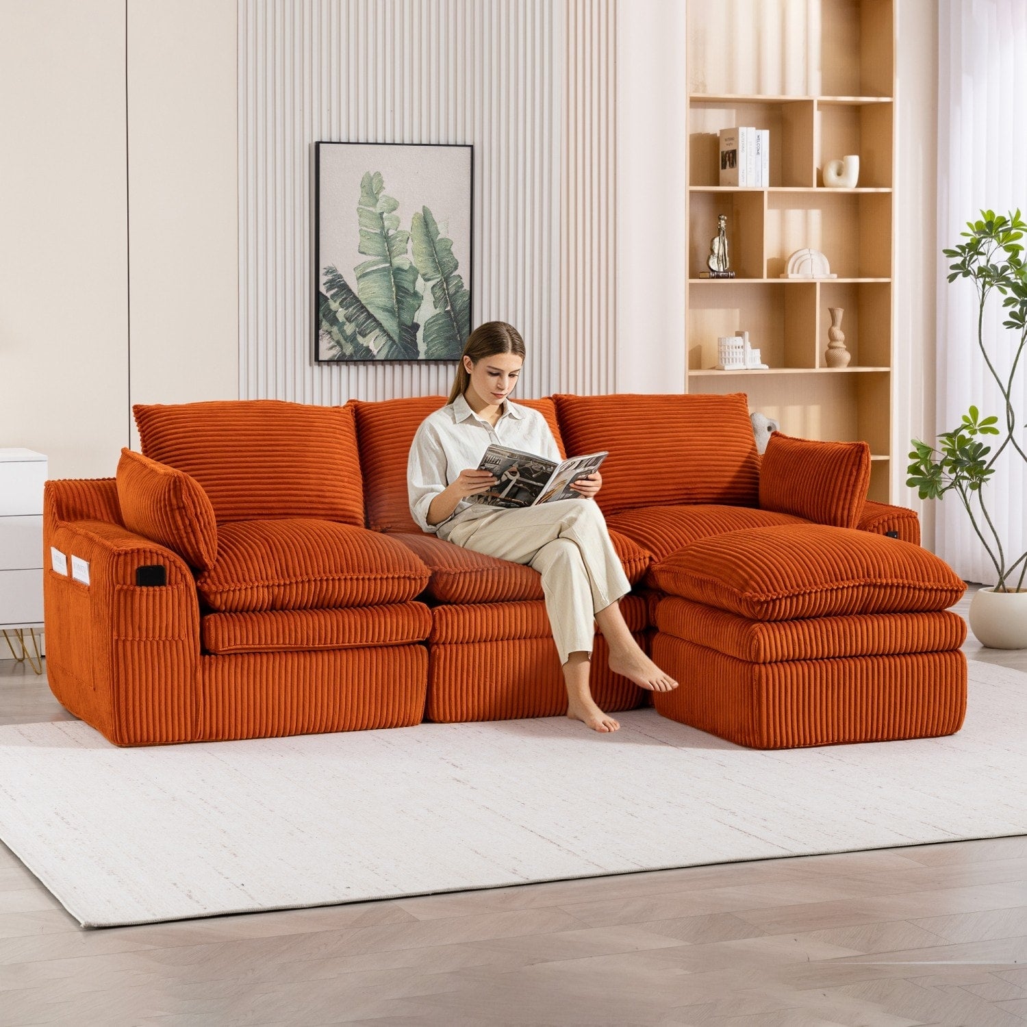103" L-Shaped Corduroy Boneless Sectional Sofa with Movable Ottoman