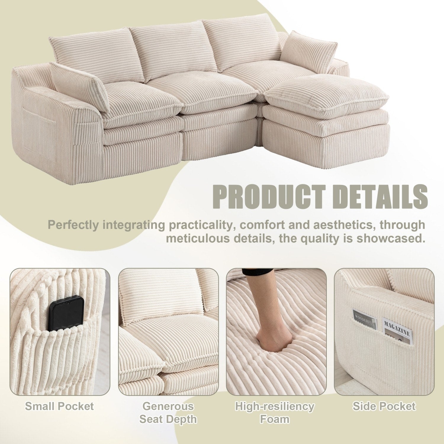 103" L-Shaped Corduroy Boneless Sectional Sofa with Movable Ottoman