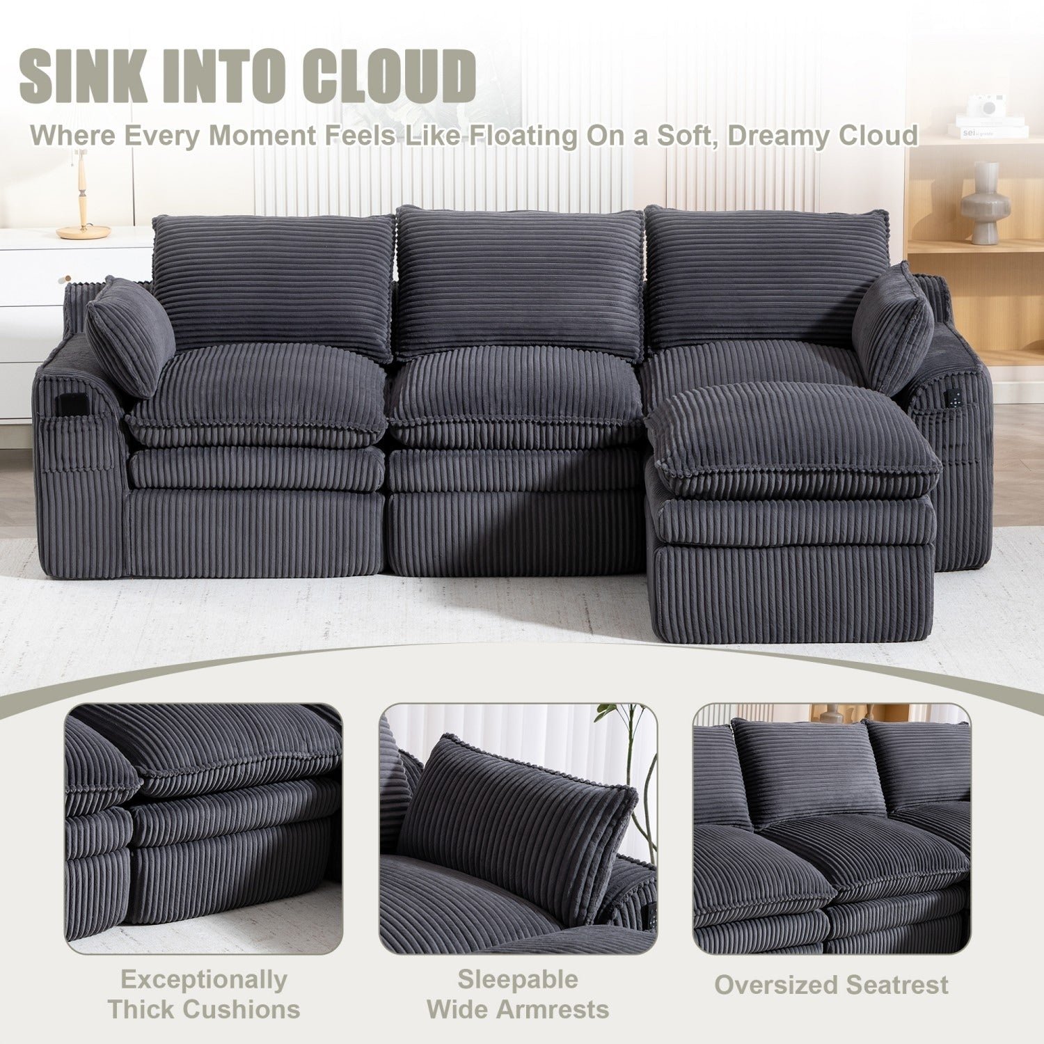 103" L-Shaped Corduroy Boneless Sectional Sofa with Movable Ottoman
