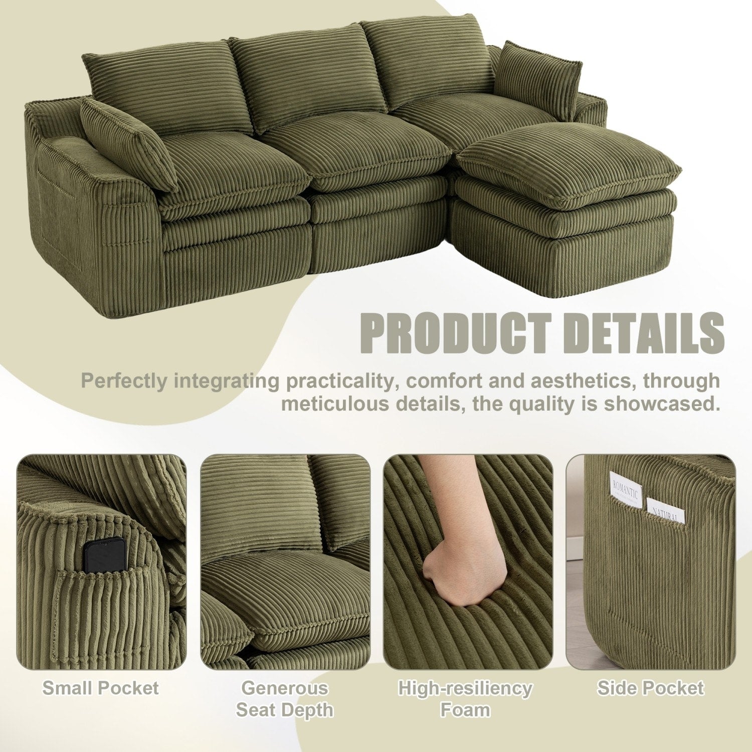 103" L-Shaped Corduroy Boneless Sectional Sofa with Movable Ottoman