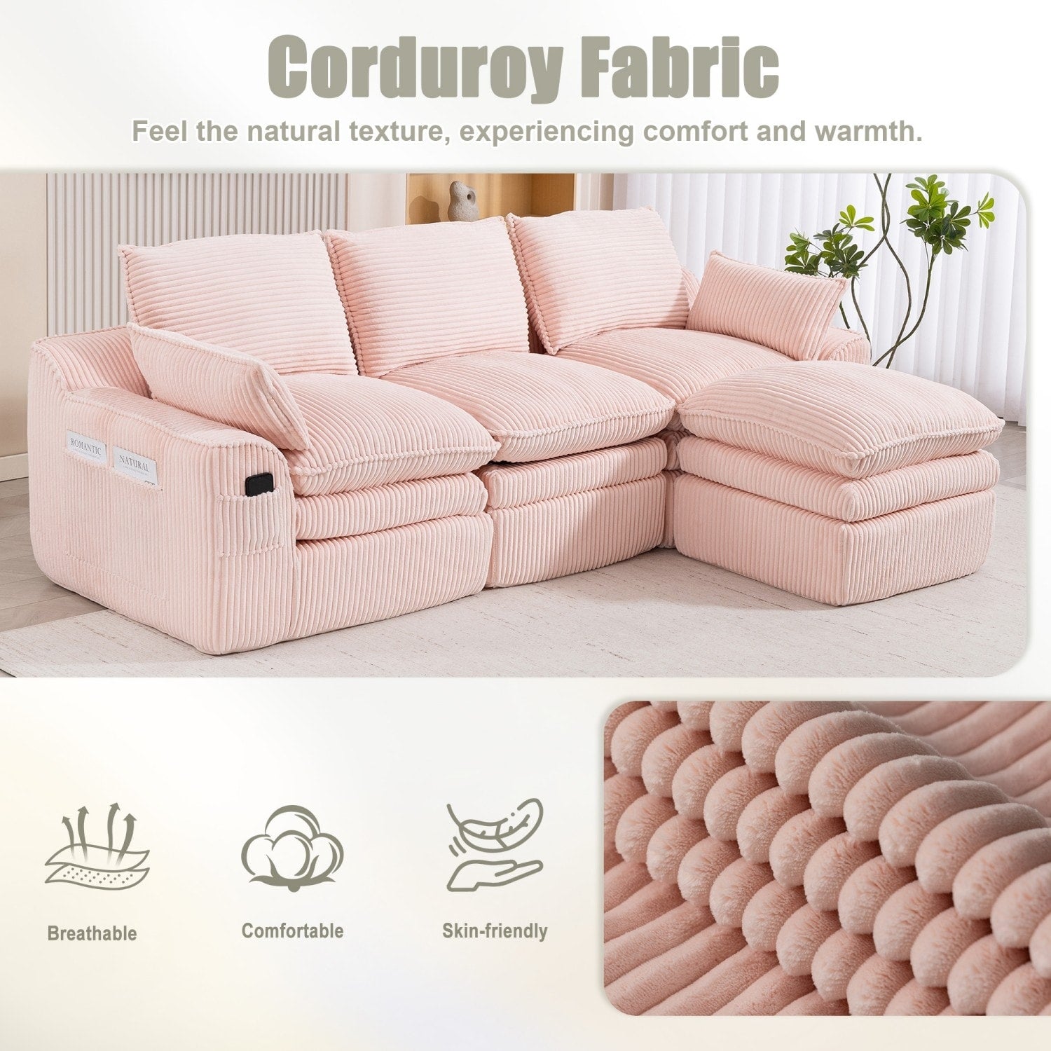 103" L-Shaped Corduroy Boneless Sectional Sofa with Movable Ottoman