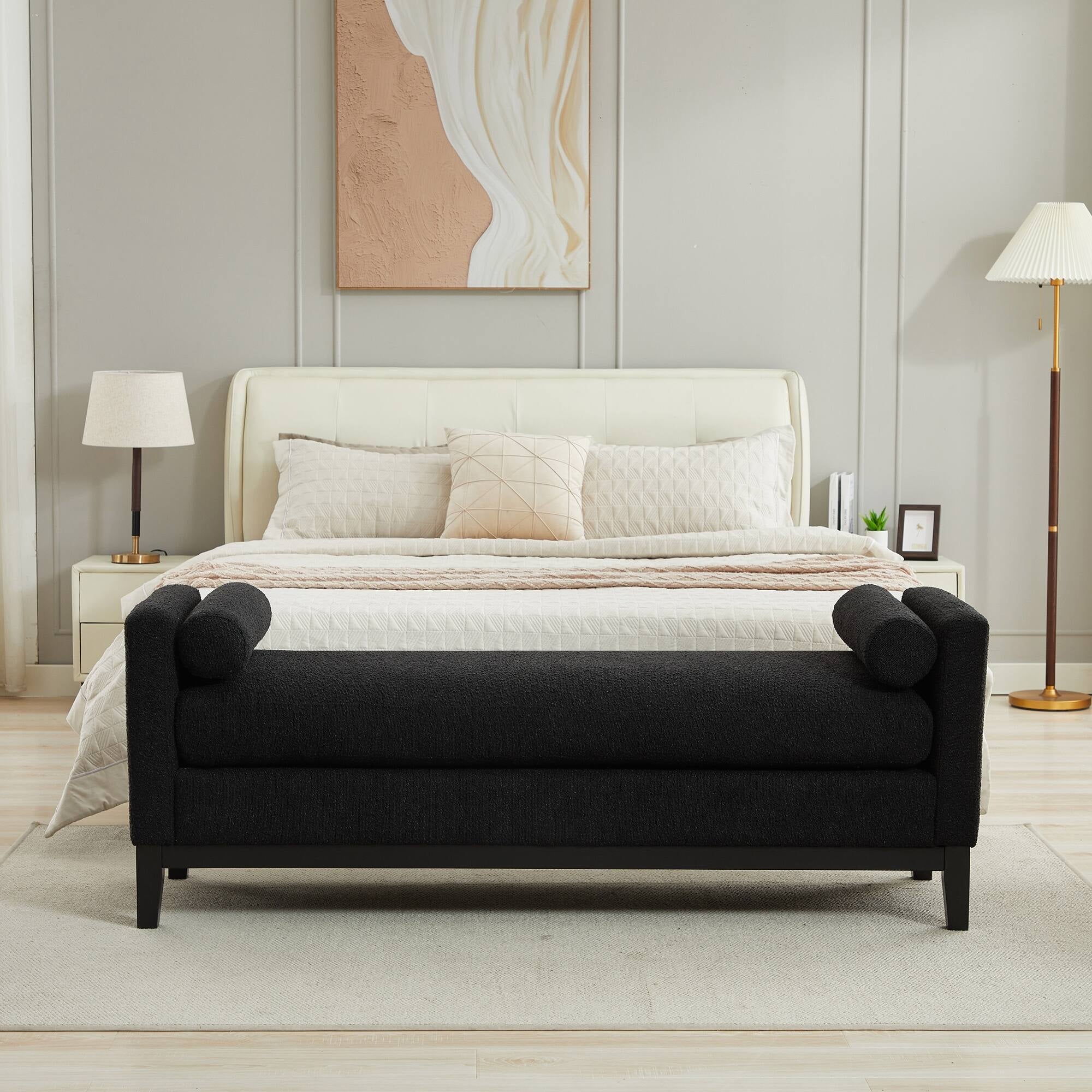 Bedroom Bench with Pillows and Solid Wood Legs for Living Rooms and Entryway