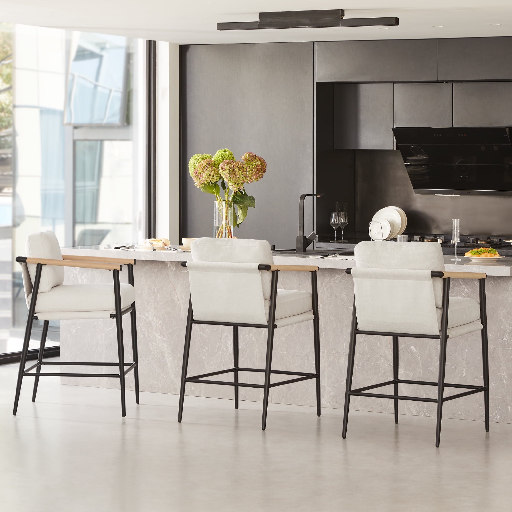 Modern Upholstered Bar Stools with Metal Frame and Wooden Armrests, Fabric in Beige