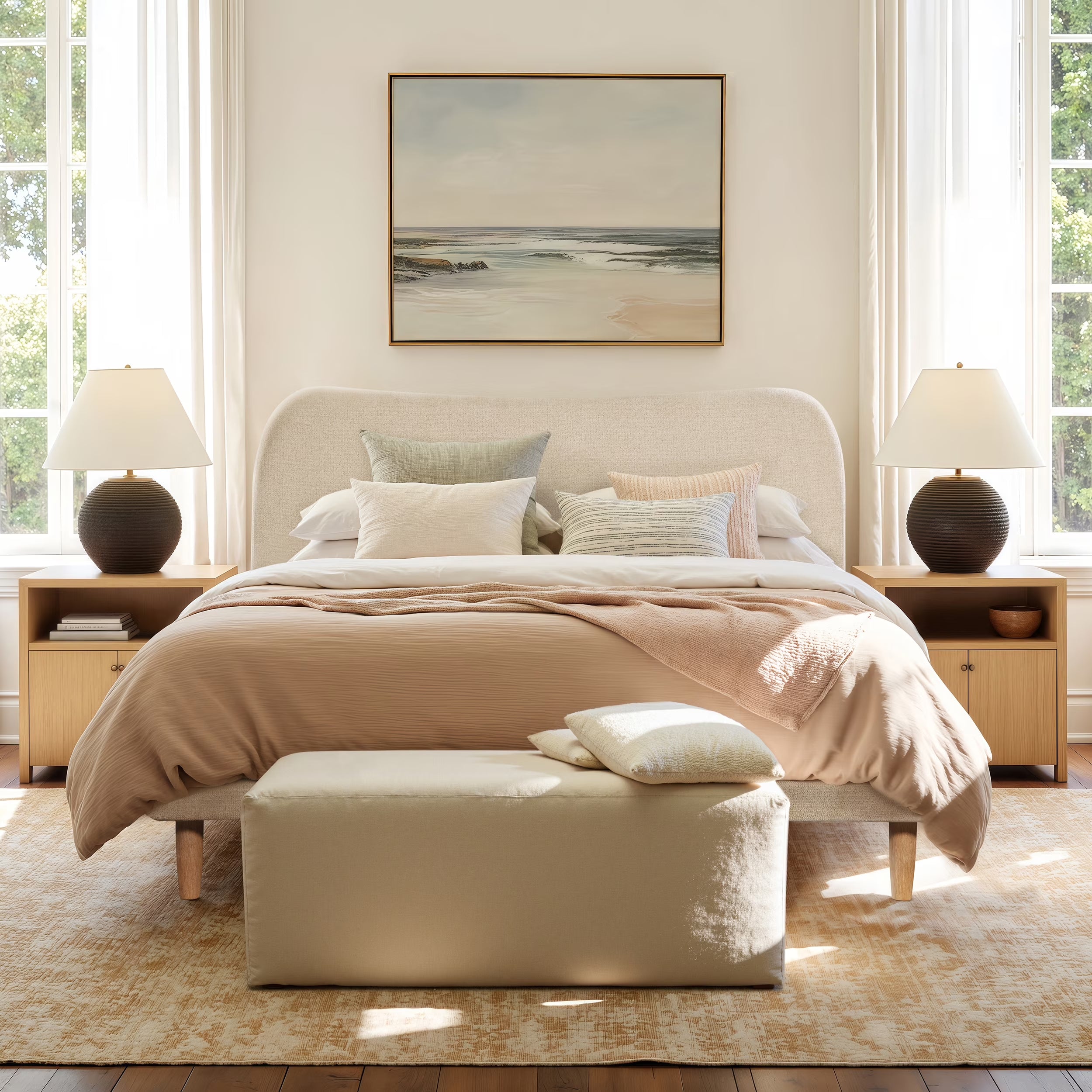 Hommeco Roman Curved Bouclé Platform Bed – Modern King Upholstered Frame in Oatmeal Beige