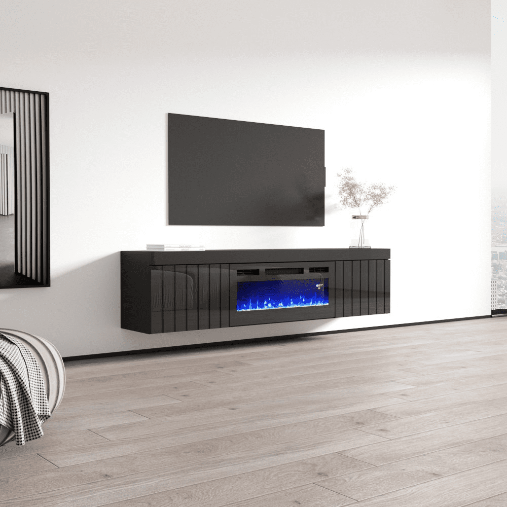 71" Floating Fireplace TV Stand – High Gloss Media Console