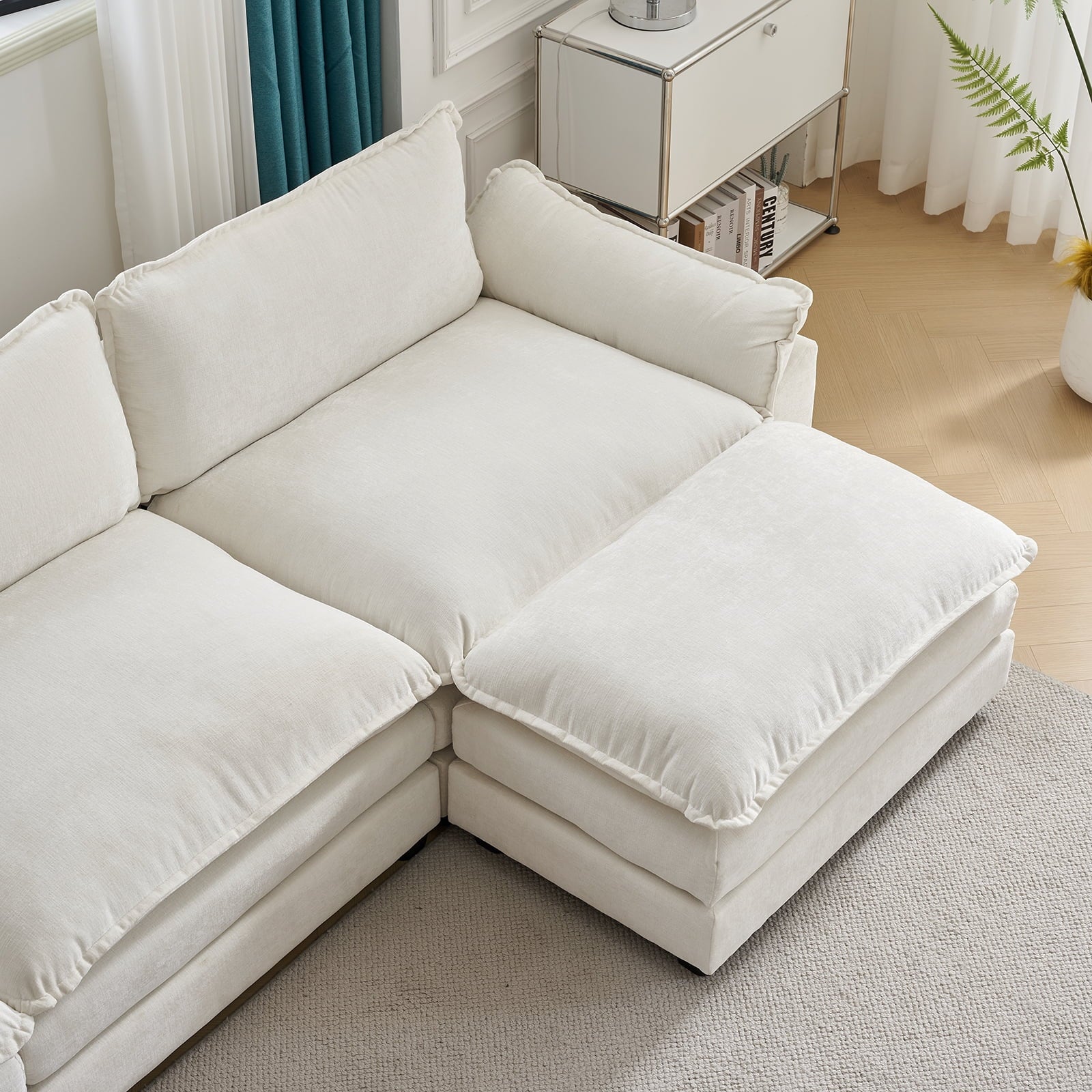 Sectional Sofa with Ottoman, L Shaped Convertible Couch with Removable Chaise Chenille Fabric Sofa Set for 4-6 Persons Living Room Furniture Beige