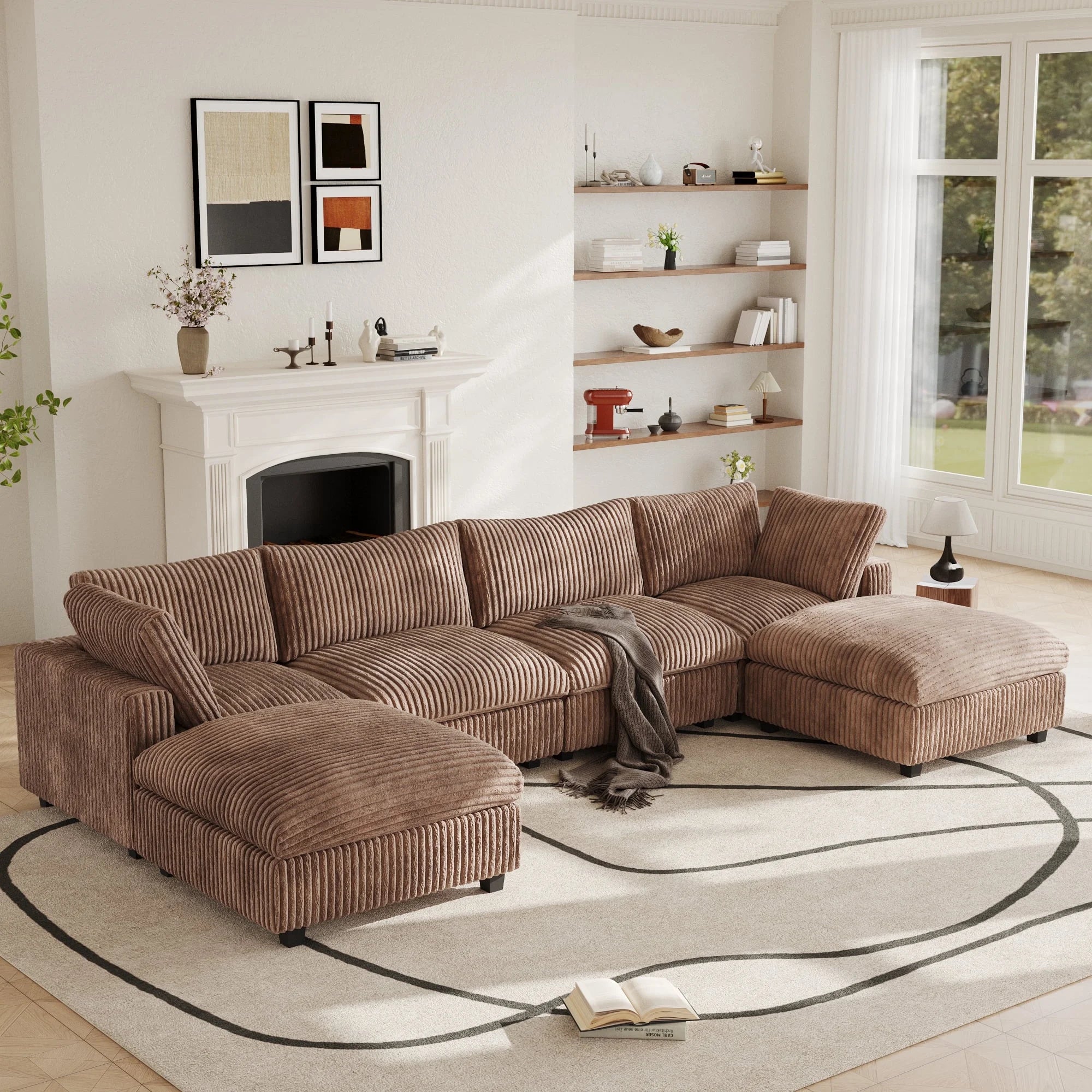 4-Seat Brown Plush Cloud Sofa | Deep Seat Modular U-Shape
