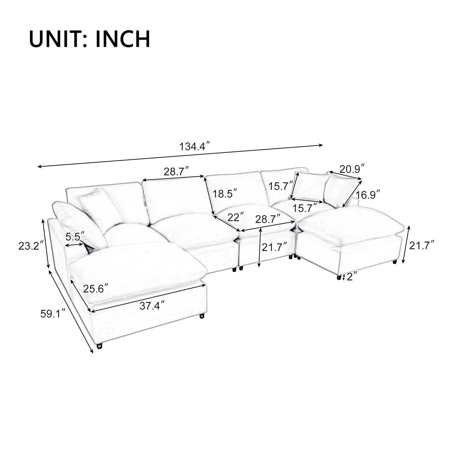 Hommeco Large U-Shape Modular Cloud Sectional Sofa with Reversible Chaise - Beige
