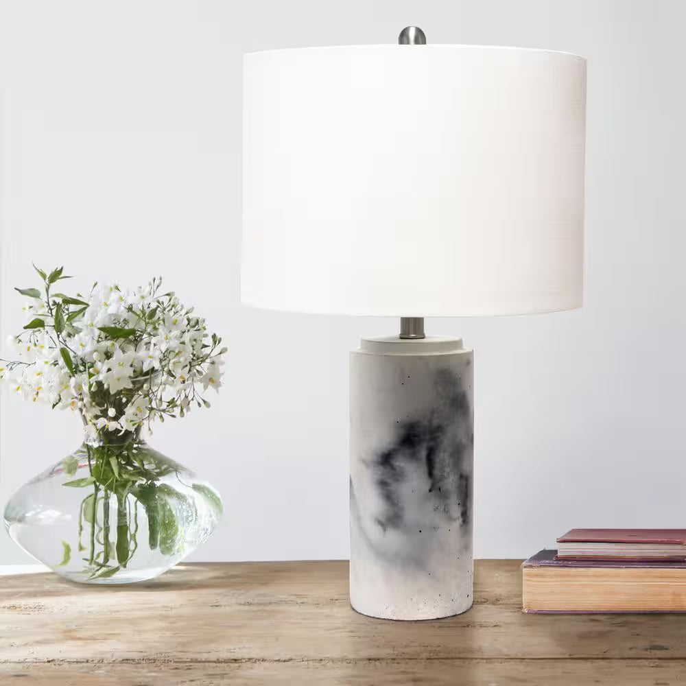 White Marbleized Table Lamp with White Fabric Shade 24.50 In.