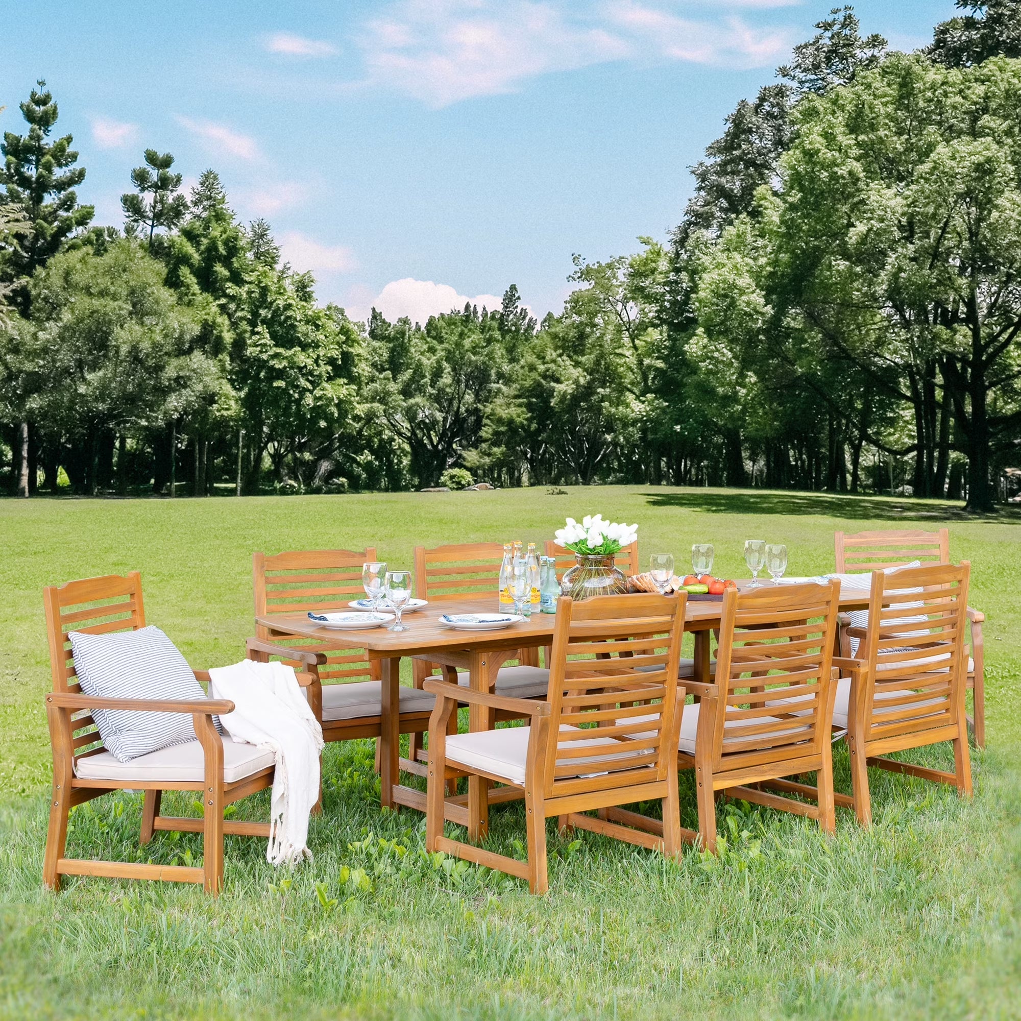 7-Piece Acacia Wood Outdoor Patio Dining Set with 6 Wooden Chairs with Cushions & 1 Expandable Wooden Dining Table for 6-8 Person