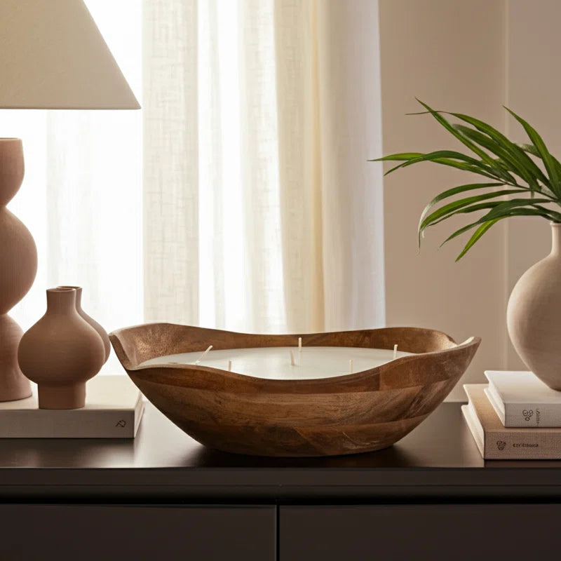 Jeimi Vanilla Wood Bowl Candle, Natural, Wood