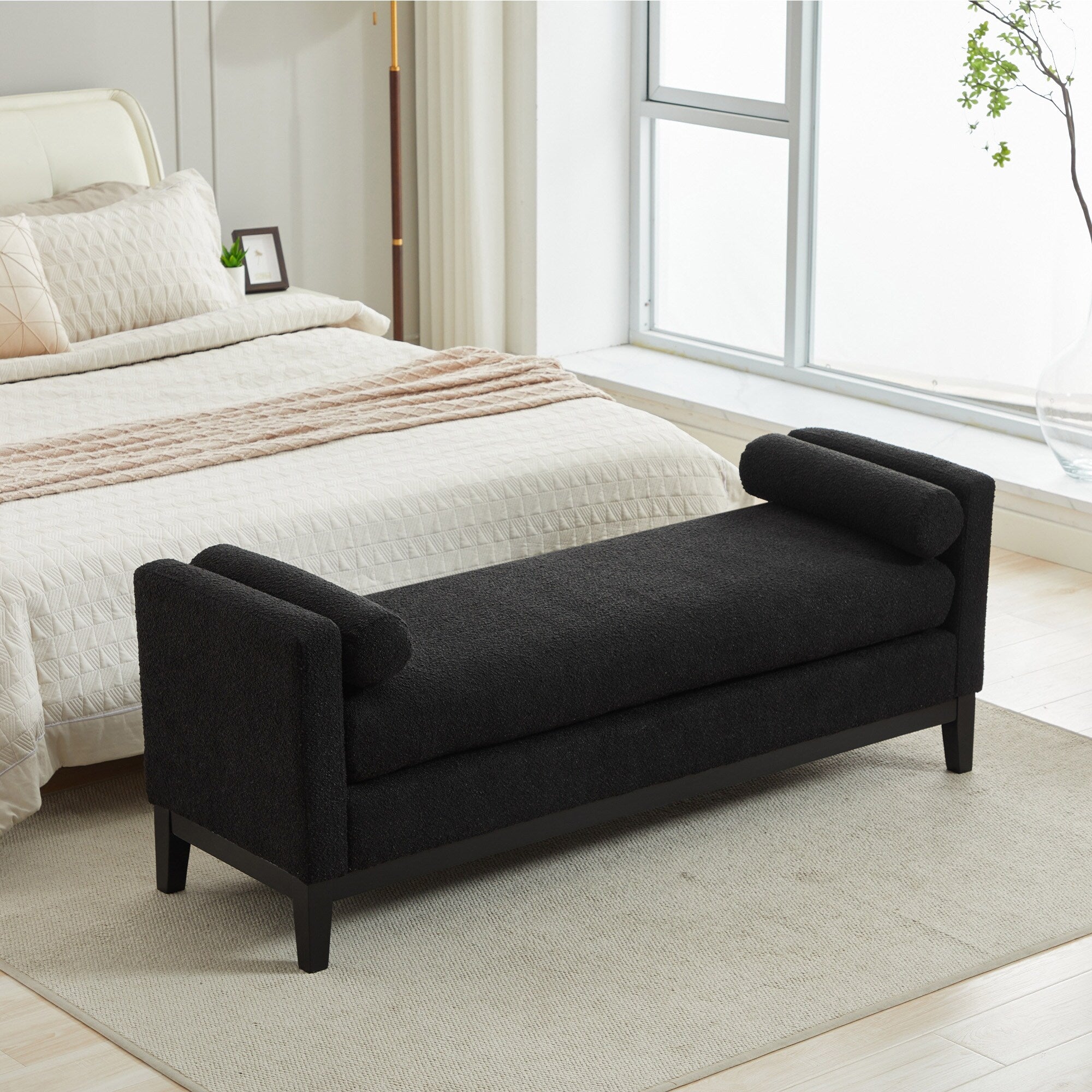 Bedroom Bench with Pillows and Solid Wood Legs for Living Rooms and Entryway