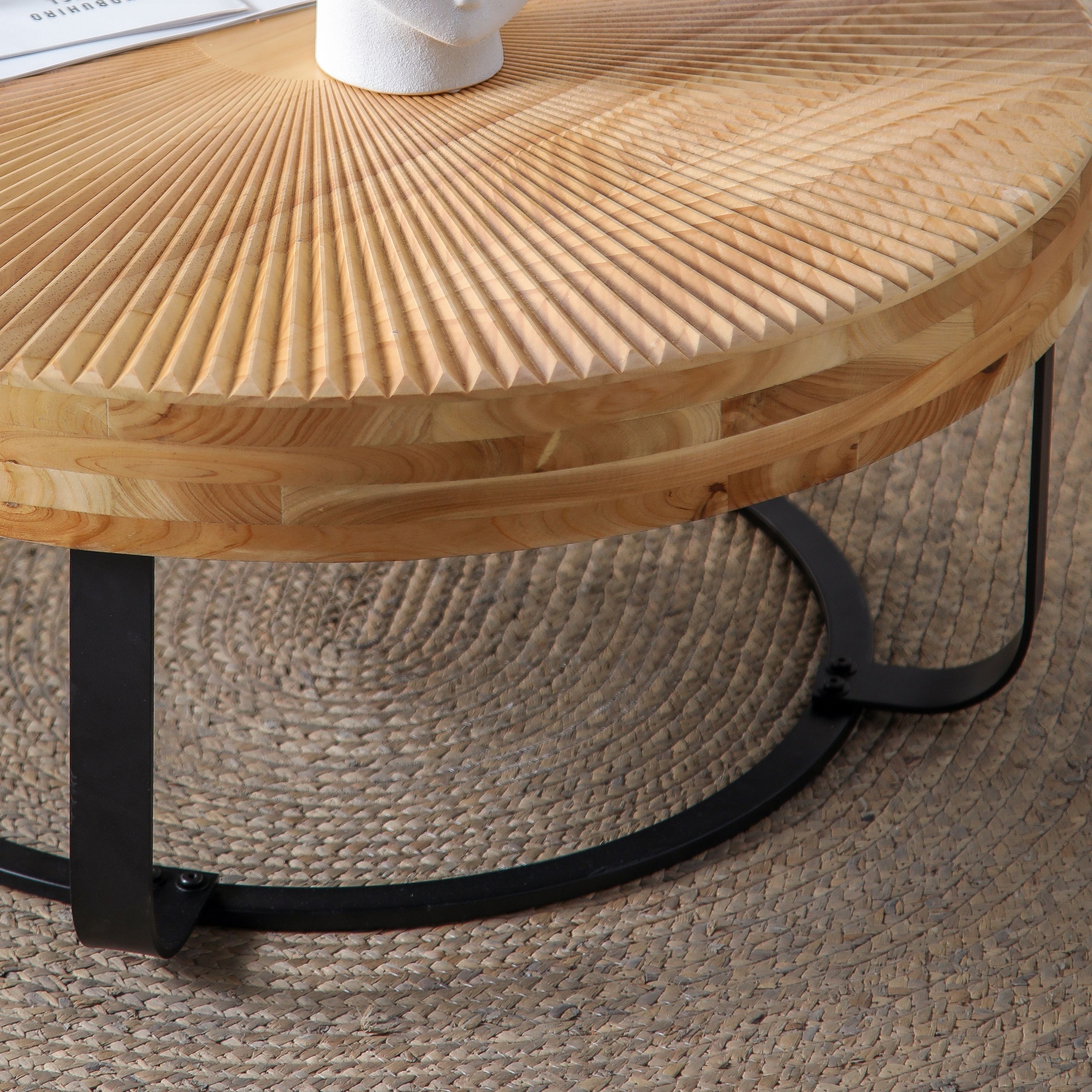 24" Round Carved Wood Coffee Table with Modern Metal Legs