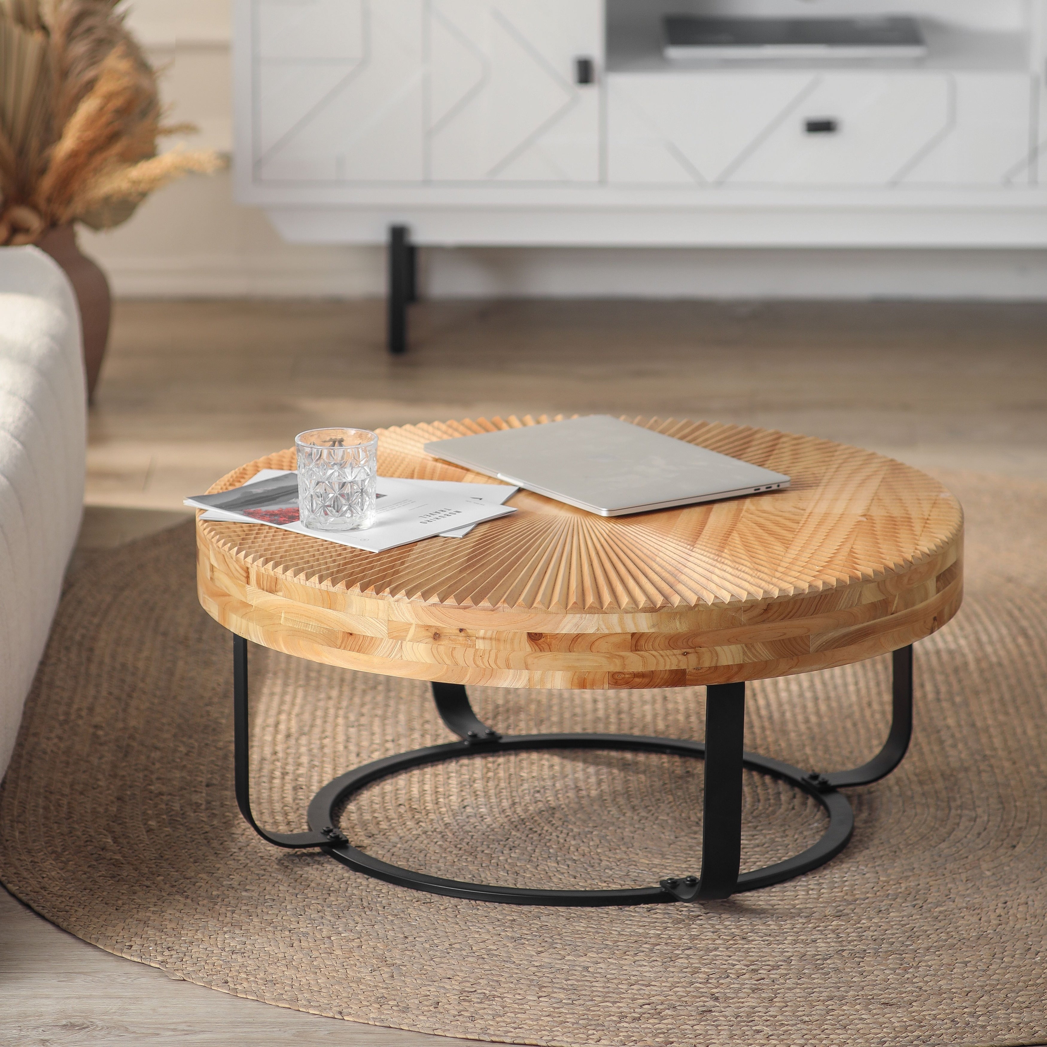 24" Round Carved Wood Coffee Table with Modern Metal Legs