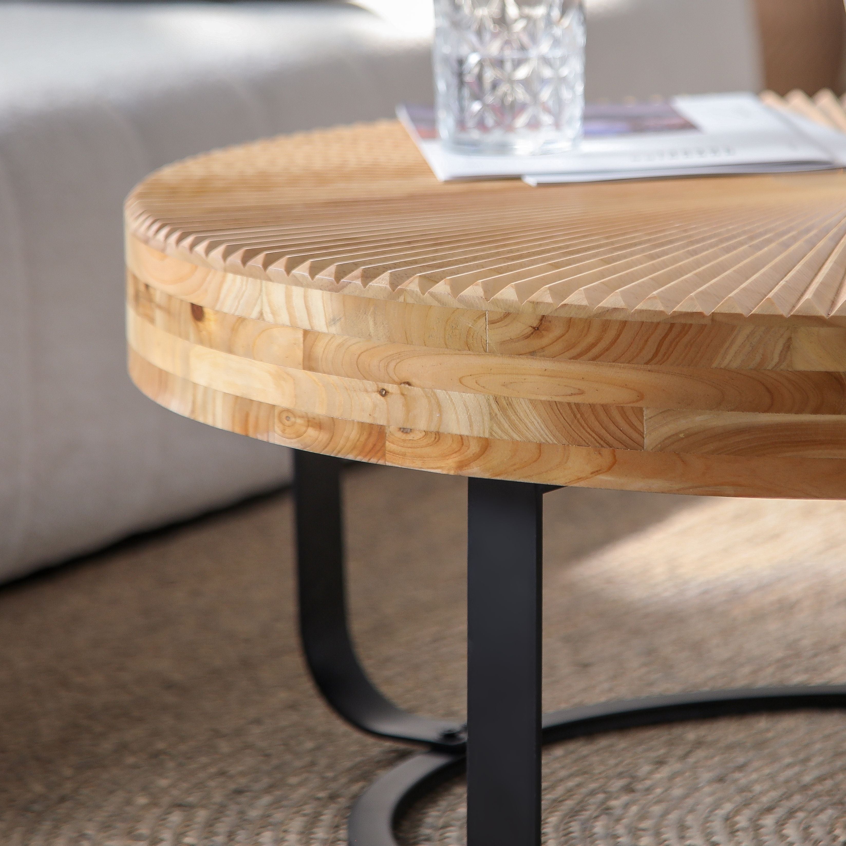 24" Round Carved Wood Coffee Table with Modern Metal Legs