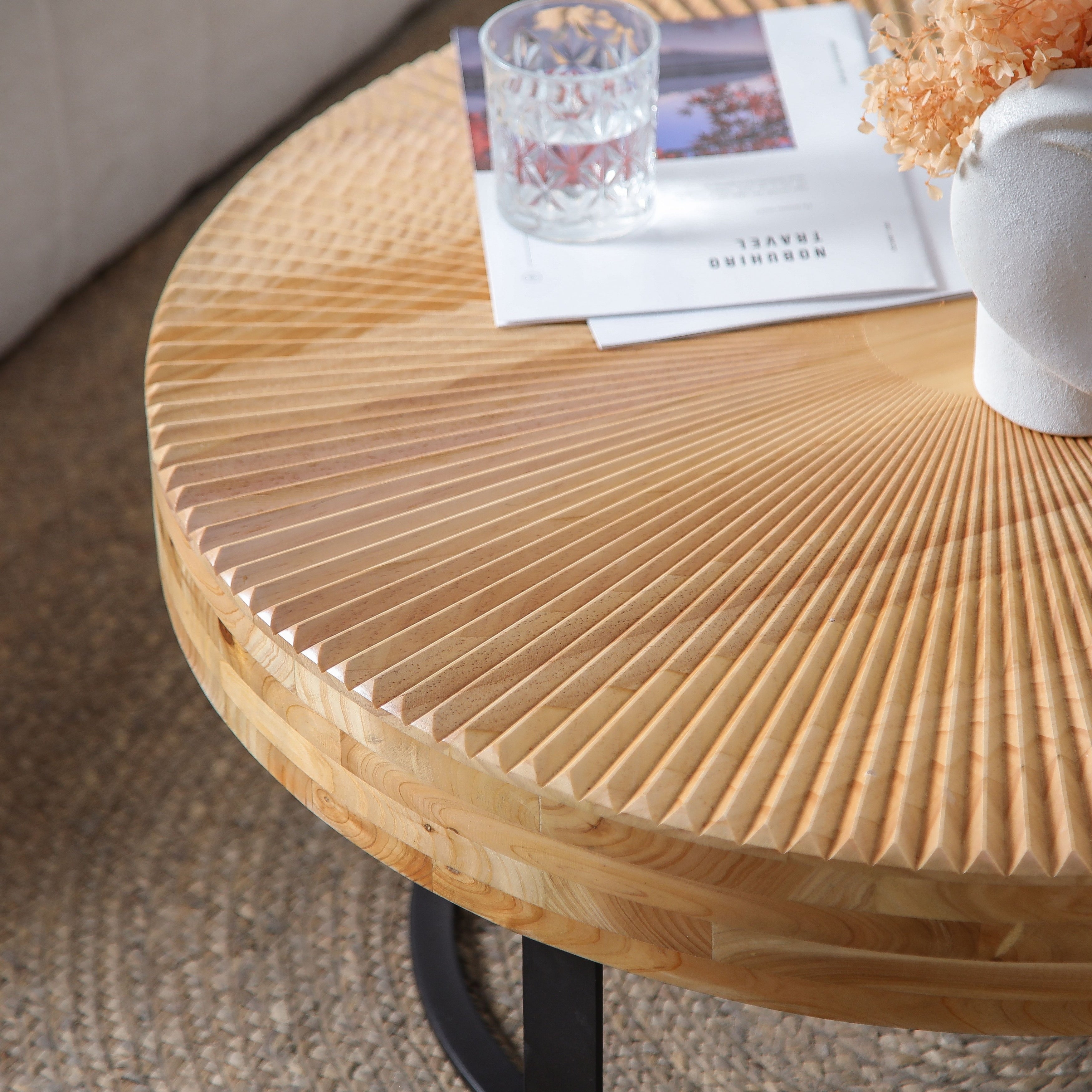 24" Round Carved Wood Coffee Table with Modern Metal Legs