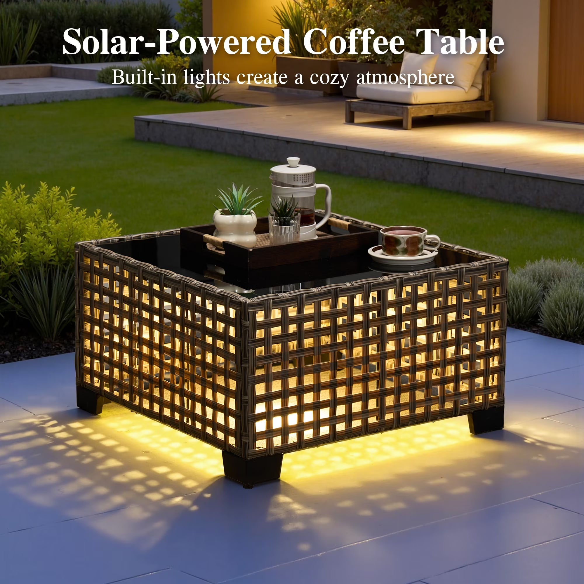6-Piece Outdoor Patio Furniture Set with Solar-Powered Lighted Coffee Table, All-Weather Wicker L-Shaped Sectional Sofa, Beige