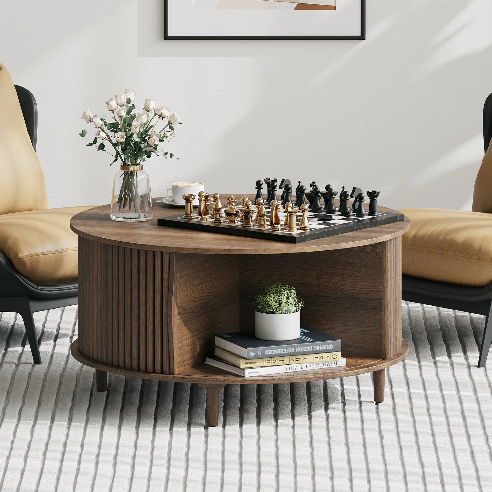 Round Walnut Coffee Table with Sliding Door Storage – Mid-Century Modern