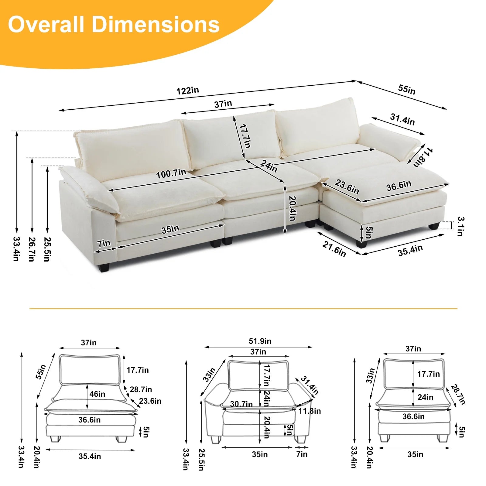 120" W Sectional Sofa L Shaped Couch with Chaise Living Room Sleeper Set, 3 Seats with Chenille and Double Layer Cushions Beige