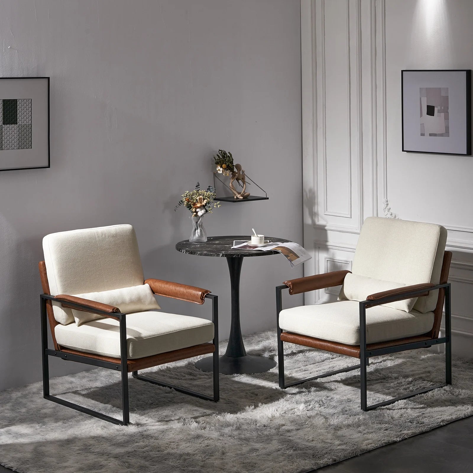 Accent Chair Lounge Armchair Modern Linen Fabric Upholstered Single Sofa with Black Coated Metal Frame Creamy White and Brown