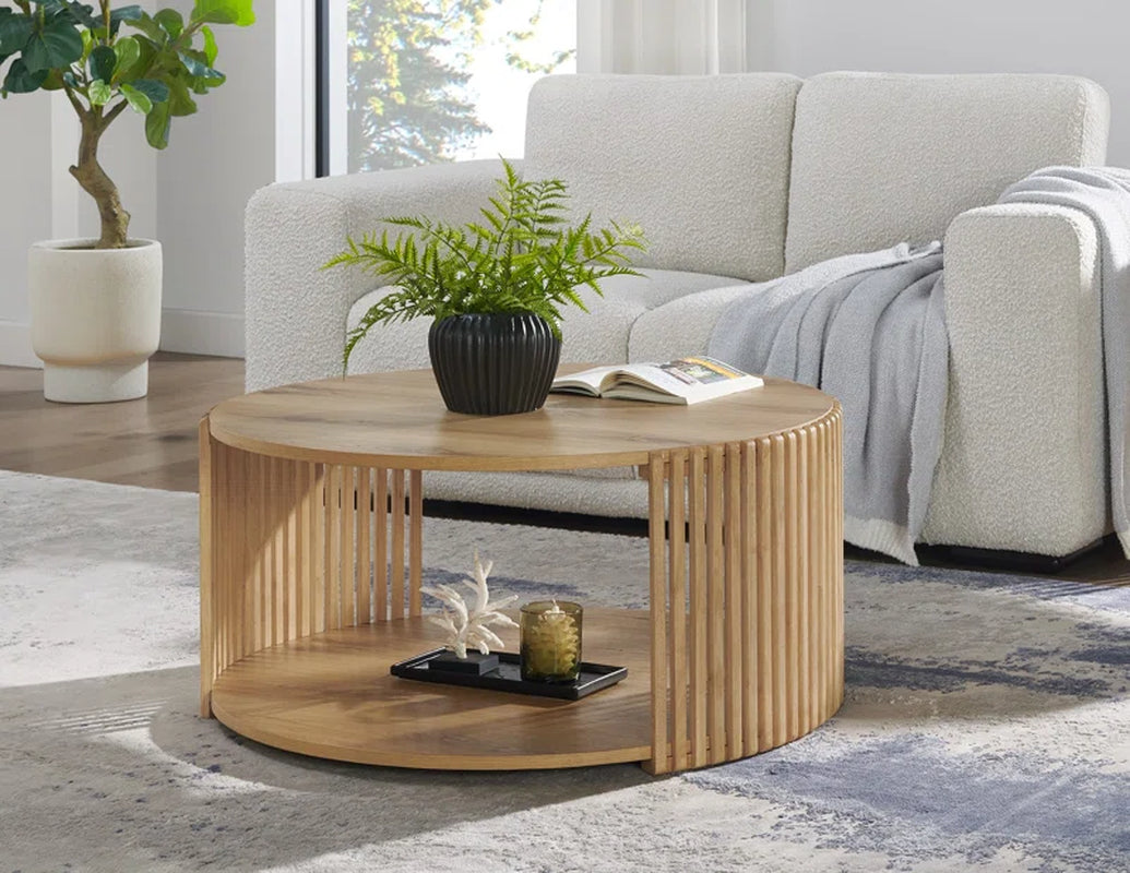 Stylish Estie Round Wood Slatted Coffee Table with Convenient Open Shelf and Hidden Wheels