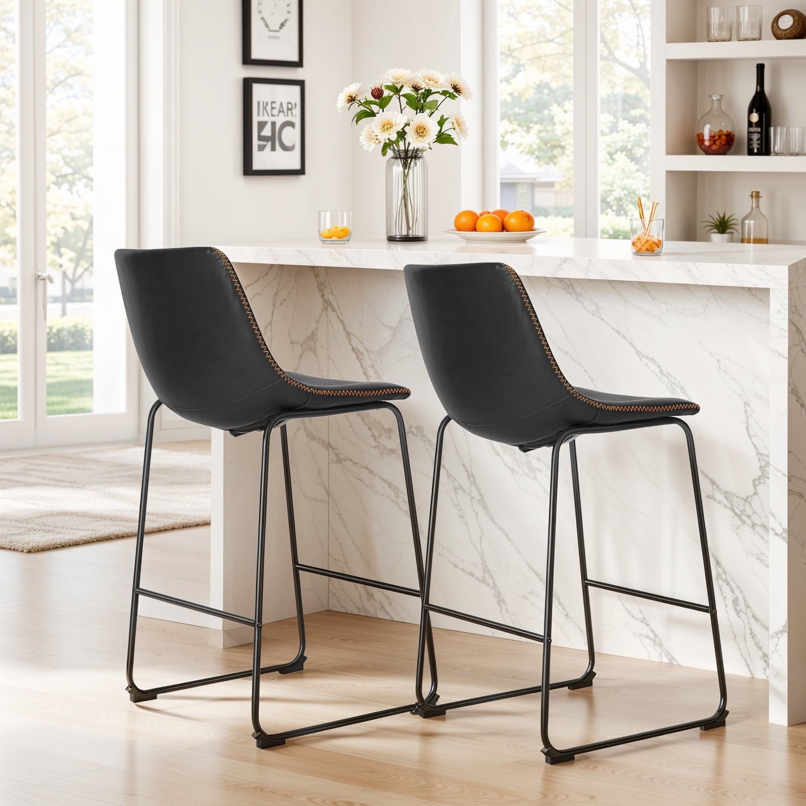 26-Inch Modern Metal Bar Stools | Brown Faux Leather (Set of 2)