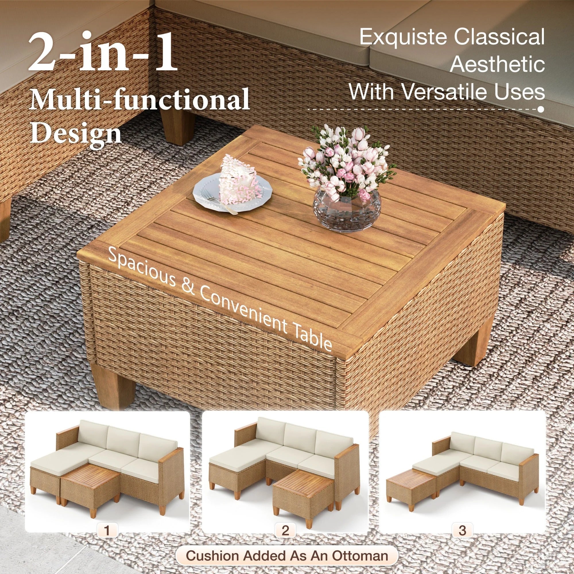 3-Piece Patio Furniture Conversation Set, Weather-Resistant Wicker Outdoor Sectional Sofa Set with Table & Cushions, Small Balcony & Porch Friendly
