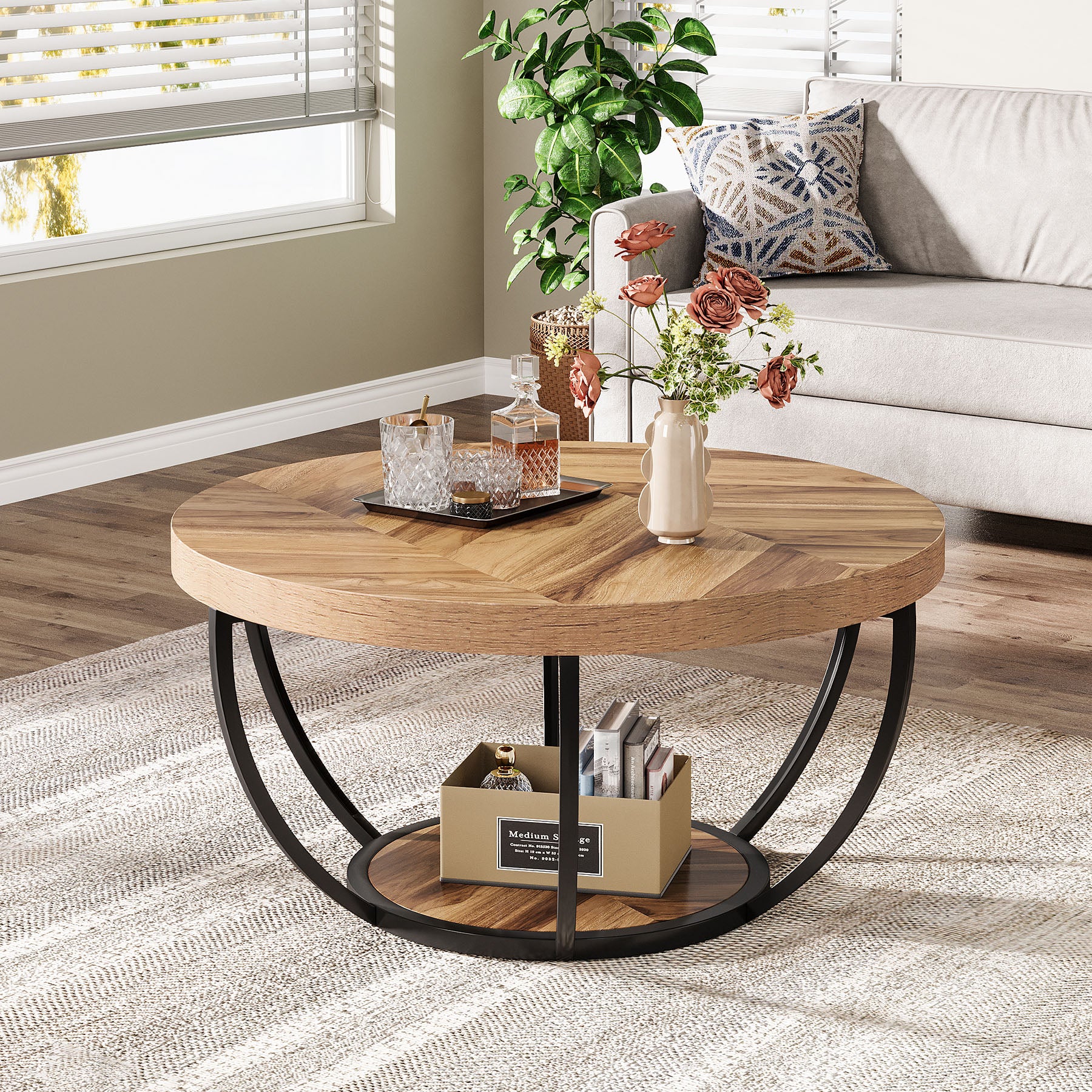 32" Round 2-Tier Coffee Table with Storage - Modern Wood & Metal