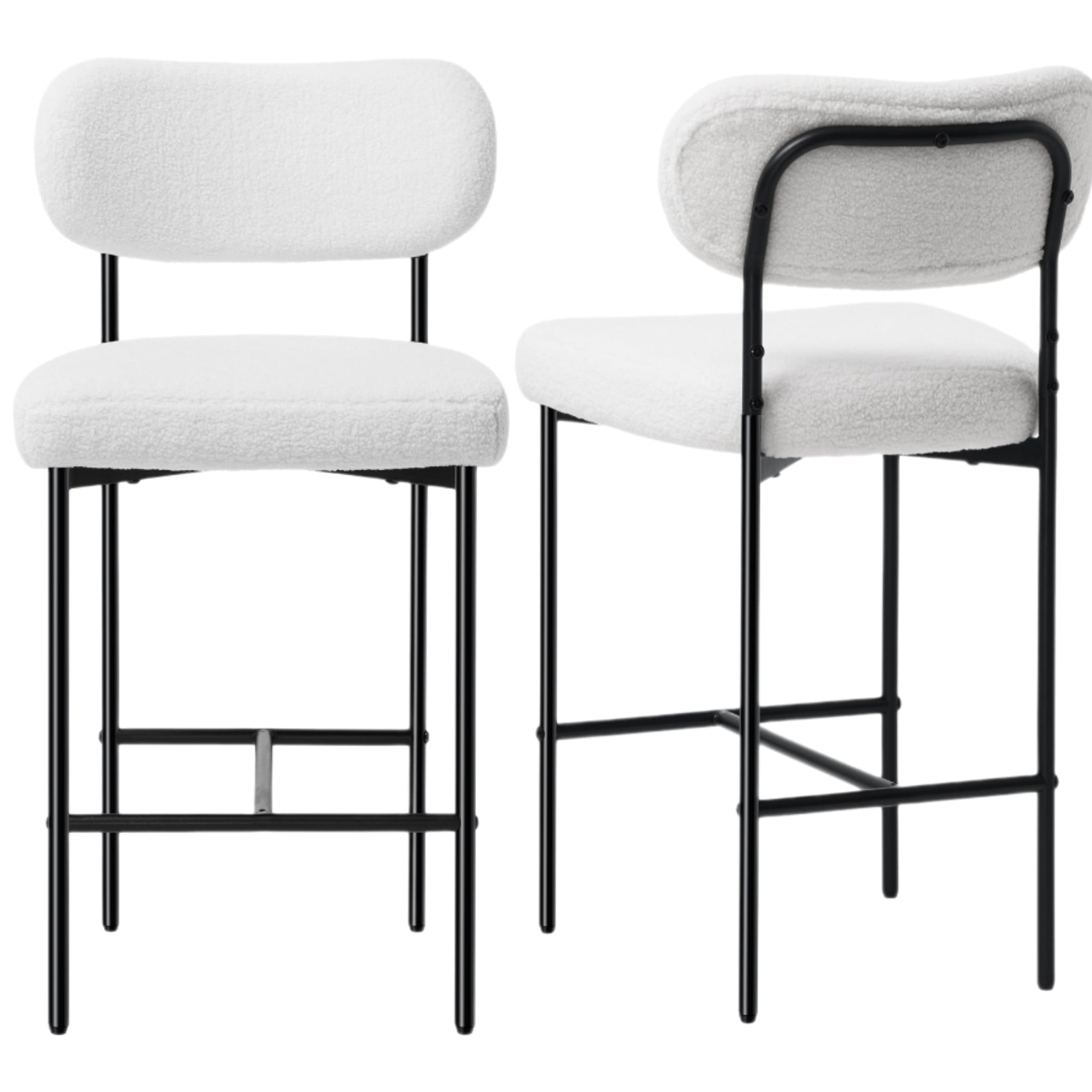 Set of 2 White Bouclé Bar Stools – 26" Counter Height with Backrest
