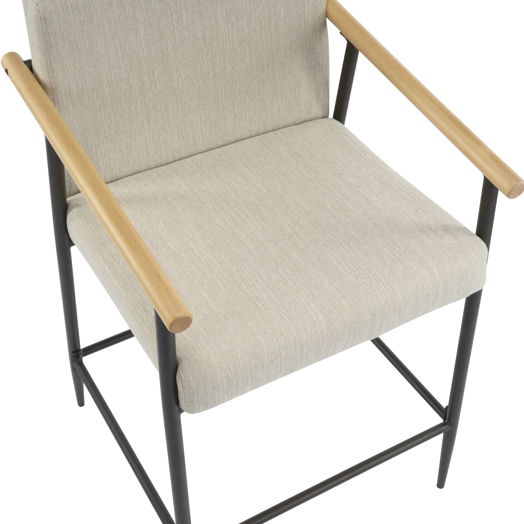 Beige Cushion, Counter Height Stools, Metal Frame, Wood Armrests, Set of 2