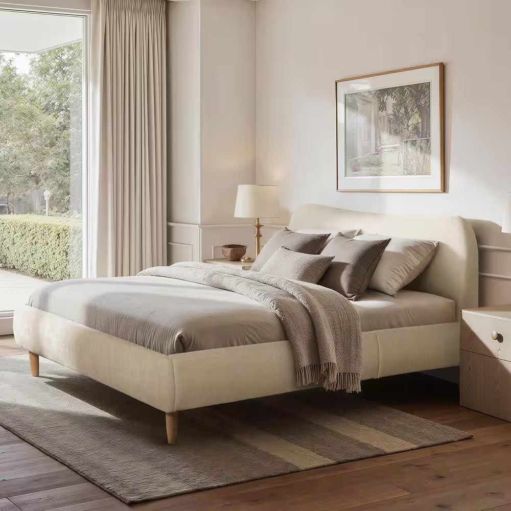 Elevate Your Bedroom with the Roman Curved Headboard Boucle Upholstered Queen Platform Bed Frame in Elegant Oatmeal Light Beige Chenille