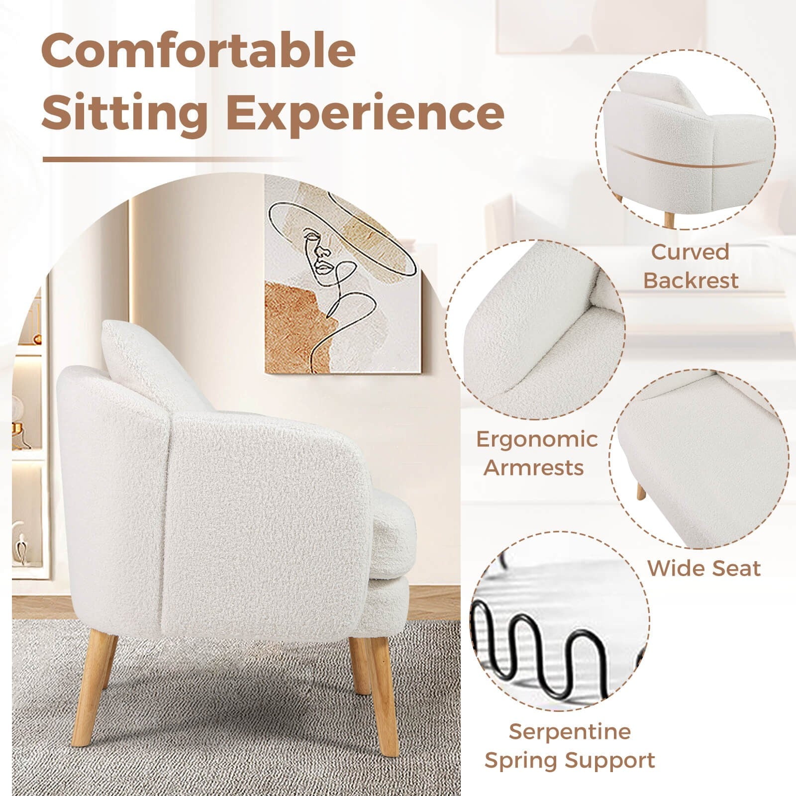 Sherpa Accent Chair W/ Seat Cushion & Pillow Rubber Wood Legs for Bedroom for Daily Life
