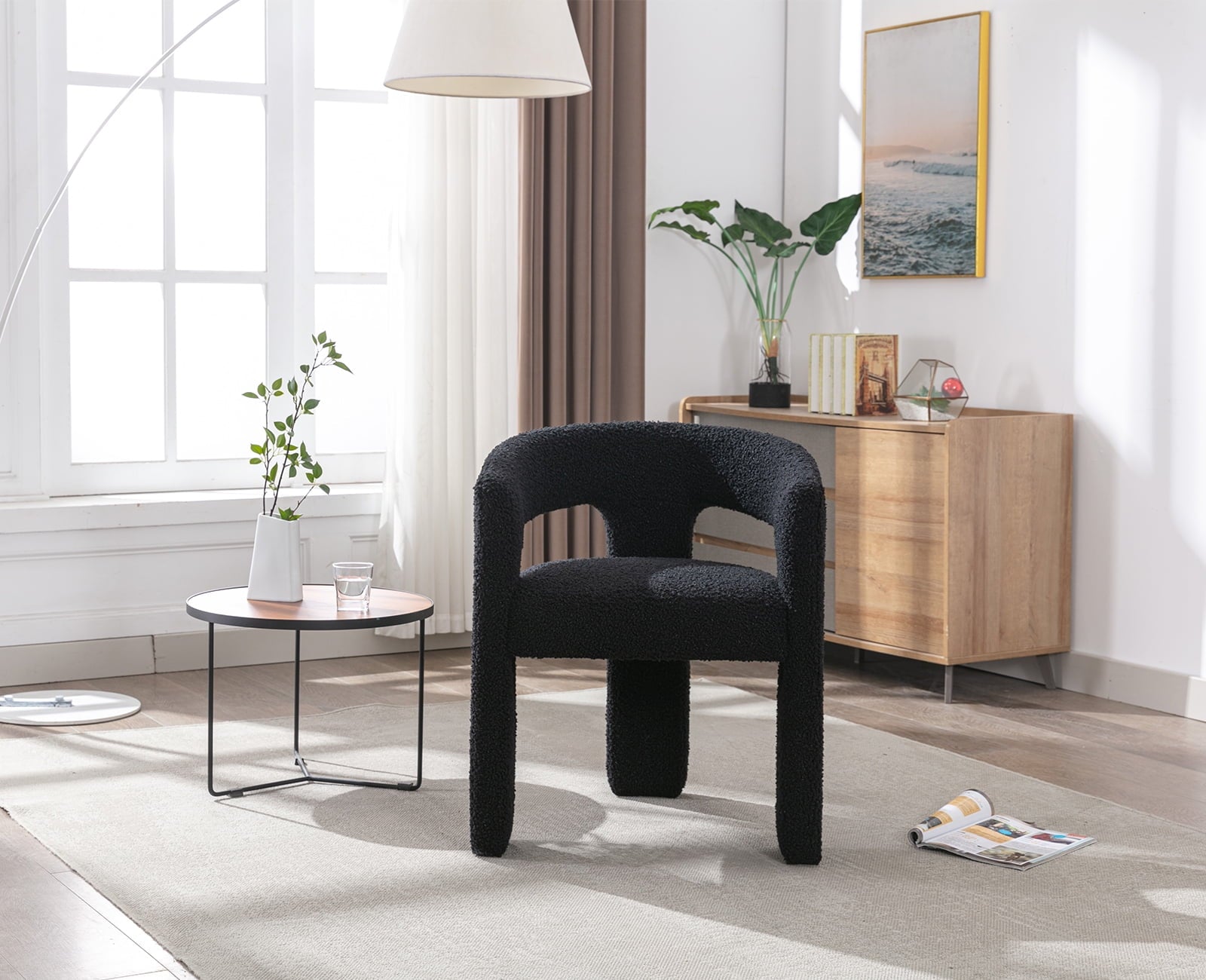 Modern Faux Fur Upholstered Armrests and Back for Living Room Chair, Black