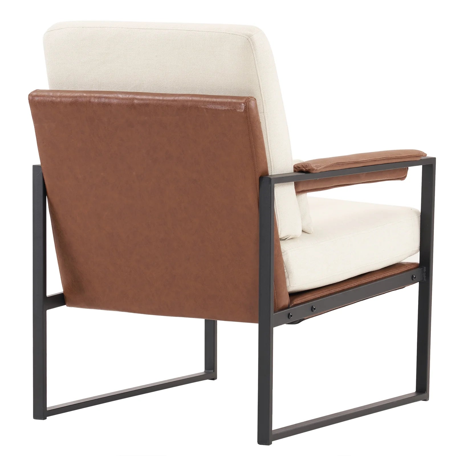 Accent Chair Lounge Armchair Modern Linen Fabric Upholstered Single Sofa with Black Coated Metal Frame Creamy White and Brown