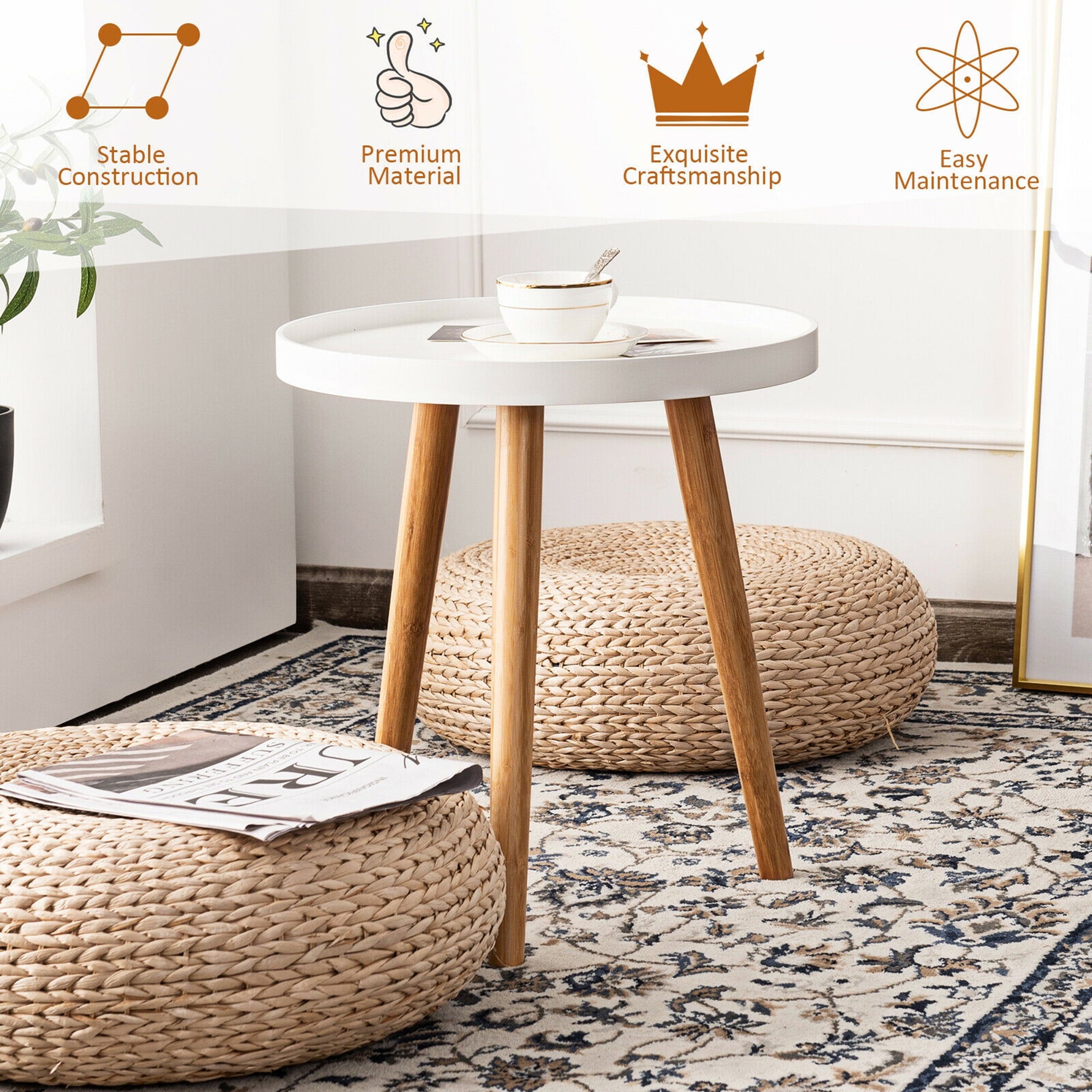 Wood round Side Table, White/Brown