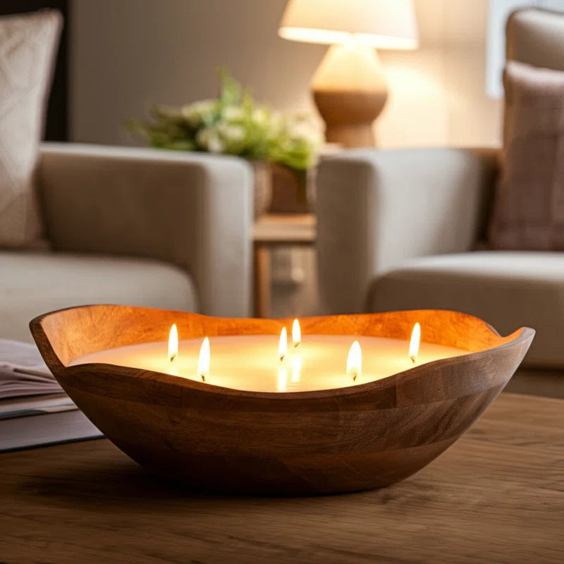 Jeimi Vanilla Wood Bowl Candle, Natural, Wood