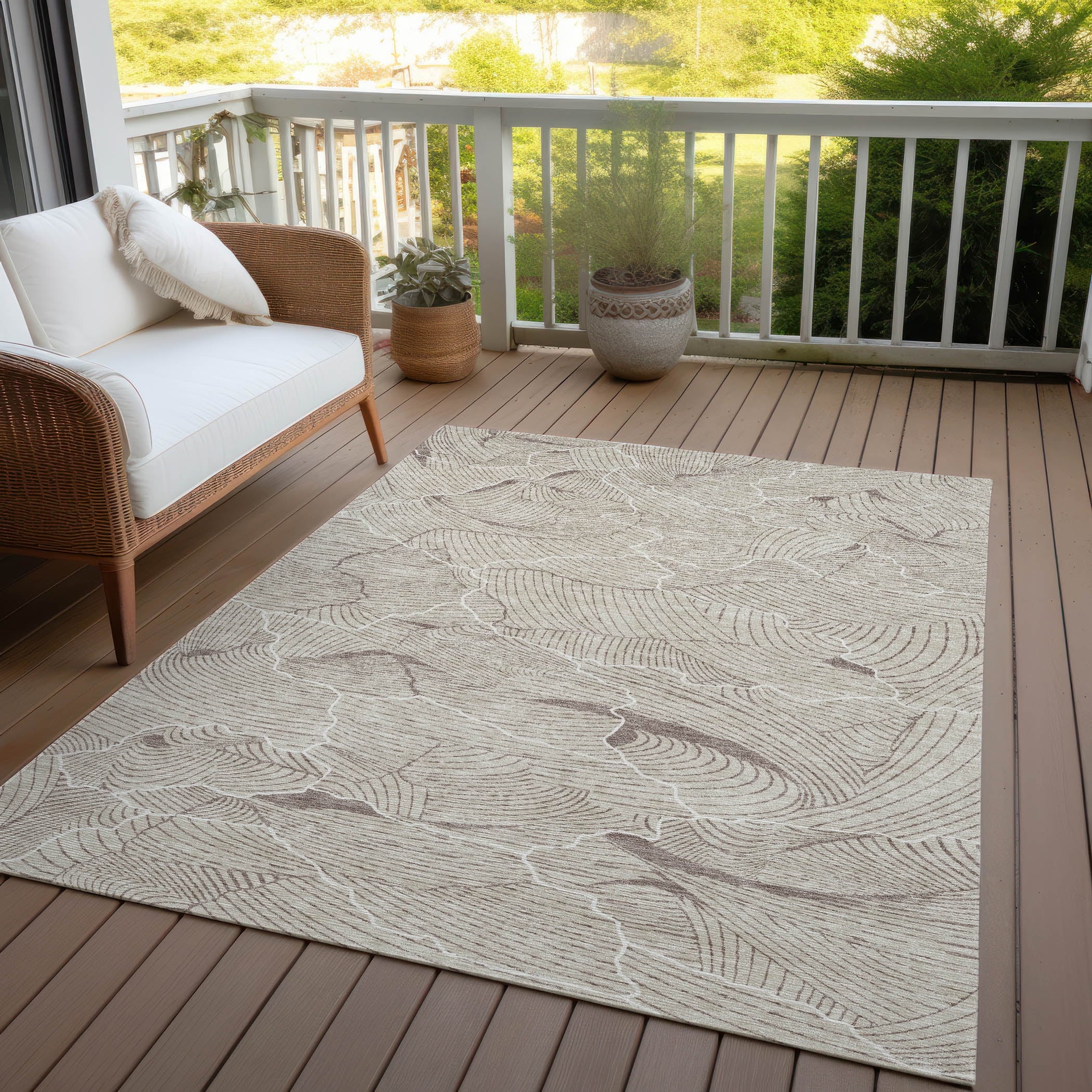 Indoor/Outdoor Transitional Lines Beige Washable Rectangle Rug, 8' X 10'
