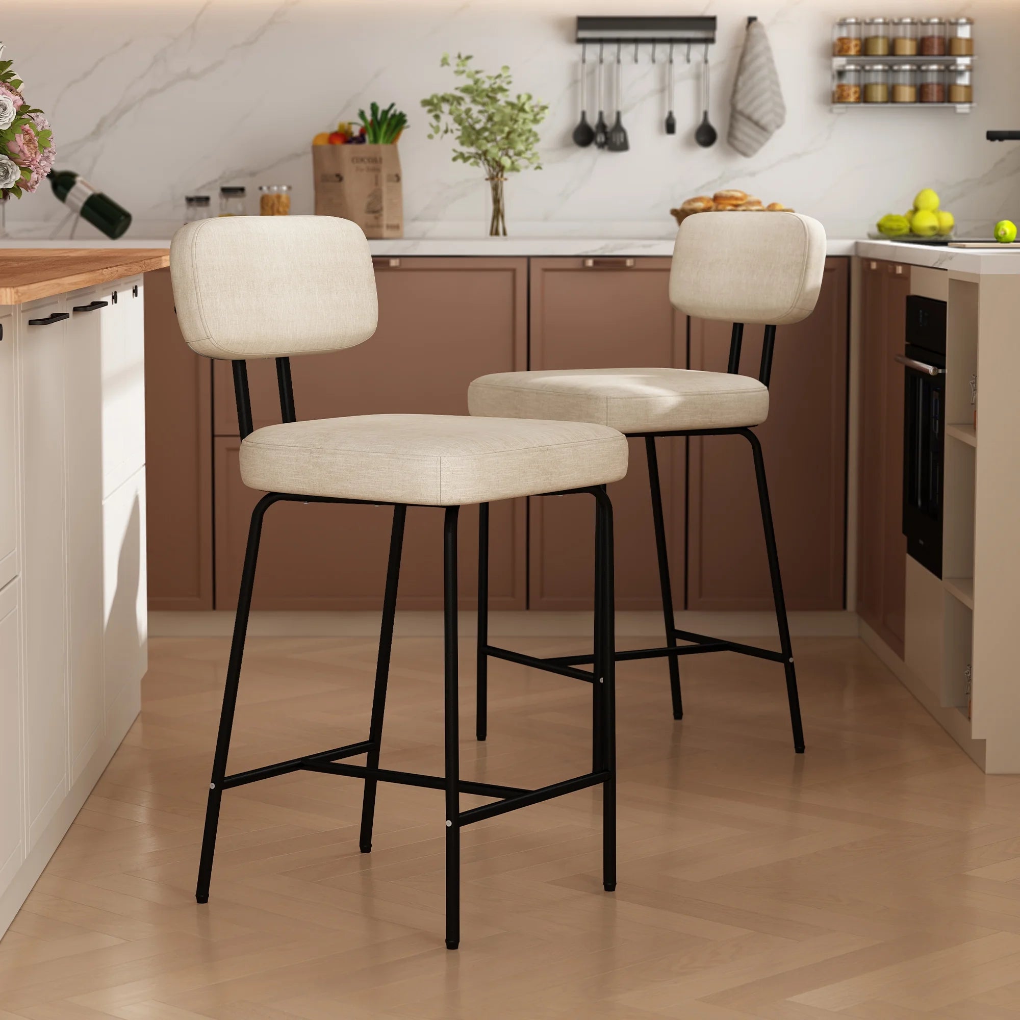 Bar Stools Set of 2, 26" Counter Height Barstools with Back and Footrest, Square Fabric Upholstered Stools, White